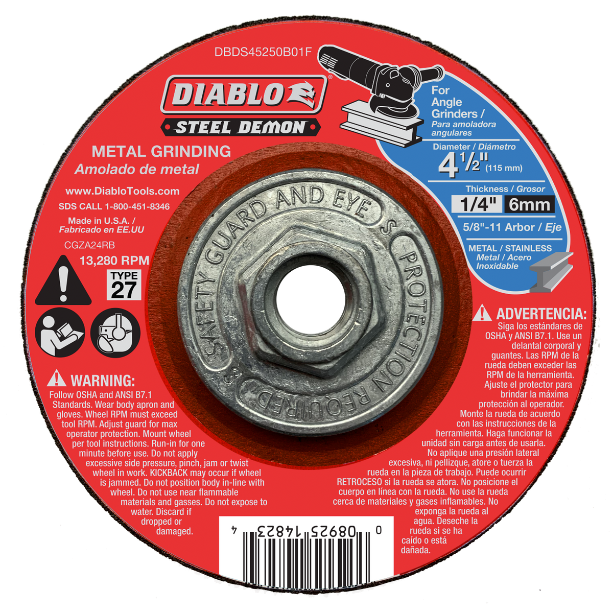 Diablo DBDS45250B01F 4-1/2" Type 27 Steel Demon™ Metal Grinding Disc