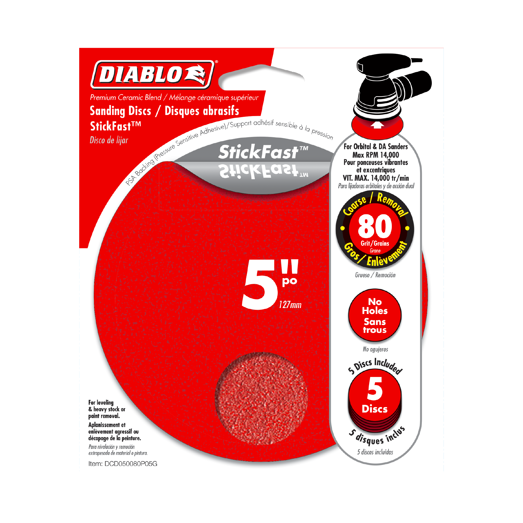 Diablo DCD050080P05G 5" 80-Grit StickFast™ ROS Sanding Discs (5-Pack)