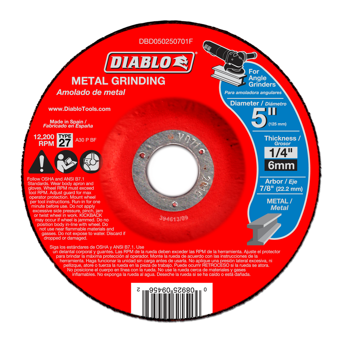 Diablo DBD050250701F 5" x 1/4" x 7/8" Type 27 Metal Grinding Disc