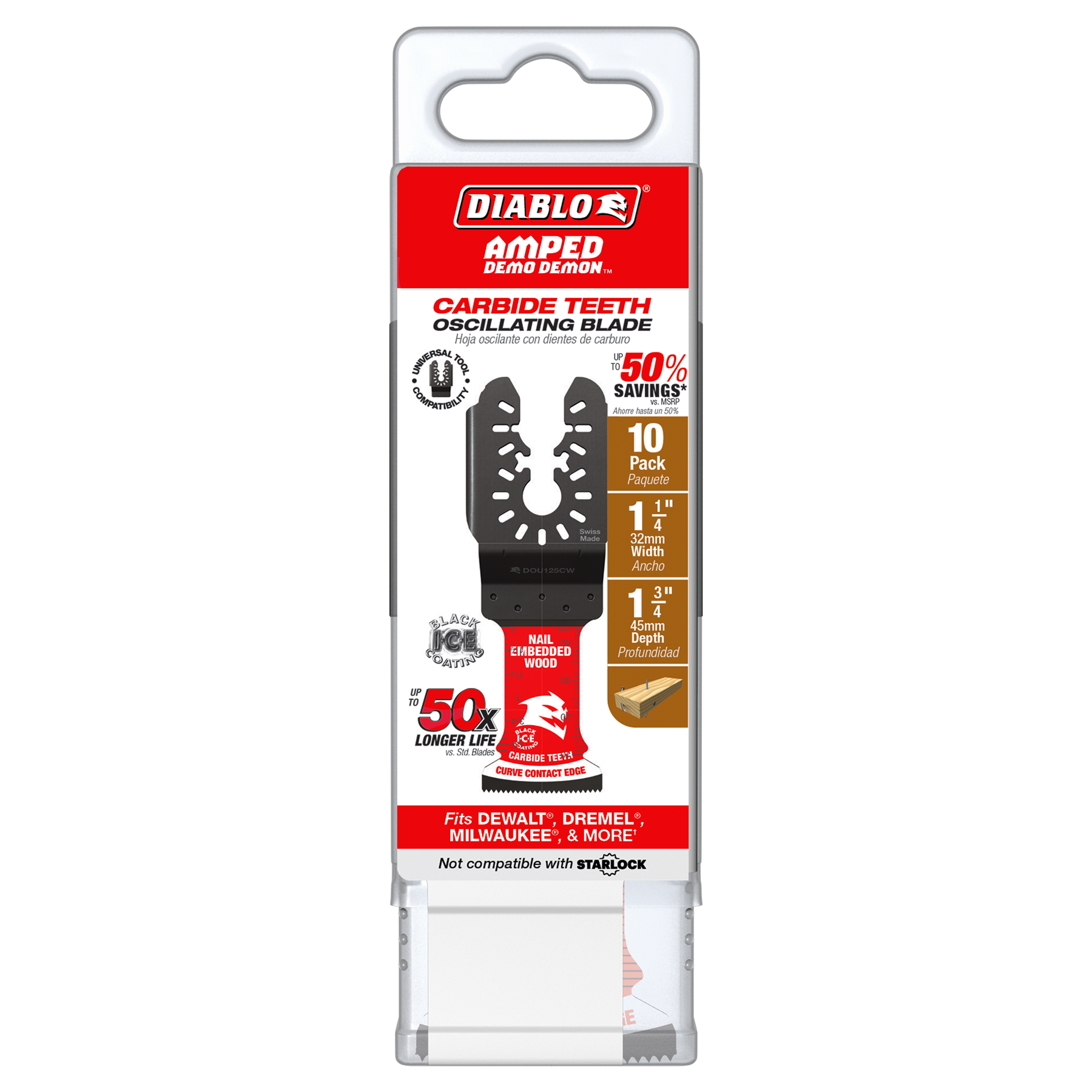 Diablo DOU125CW10 1-1/4" Diablo AMPED™ Demo Demon™ Carbide Teeth Oscillating Blades for Nail-Embedded Wood (10-Pack)