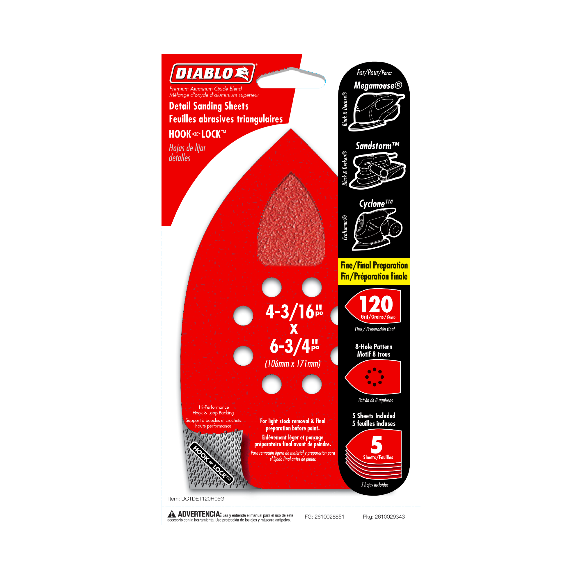 Diablo DCTDET120H05G 4-3/16" x 6-3/4" 120-Grit Hook & Lock™ MegaMouse Detail Sanding Sheets (5-Pack)