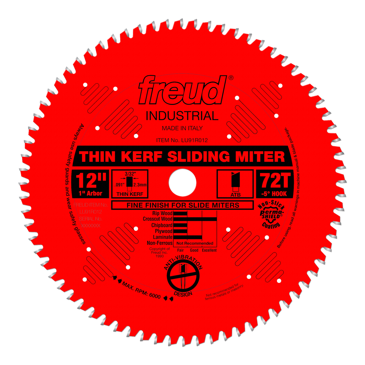 Freud LU91R012: 12" x 72 Tooth Thin Kerf Sliding Compound Miter Saw Blade