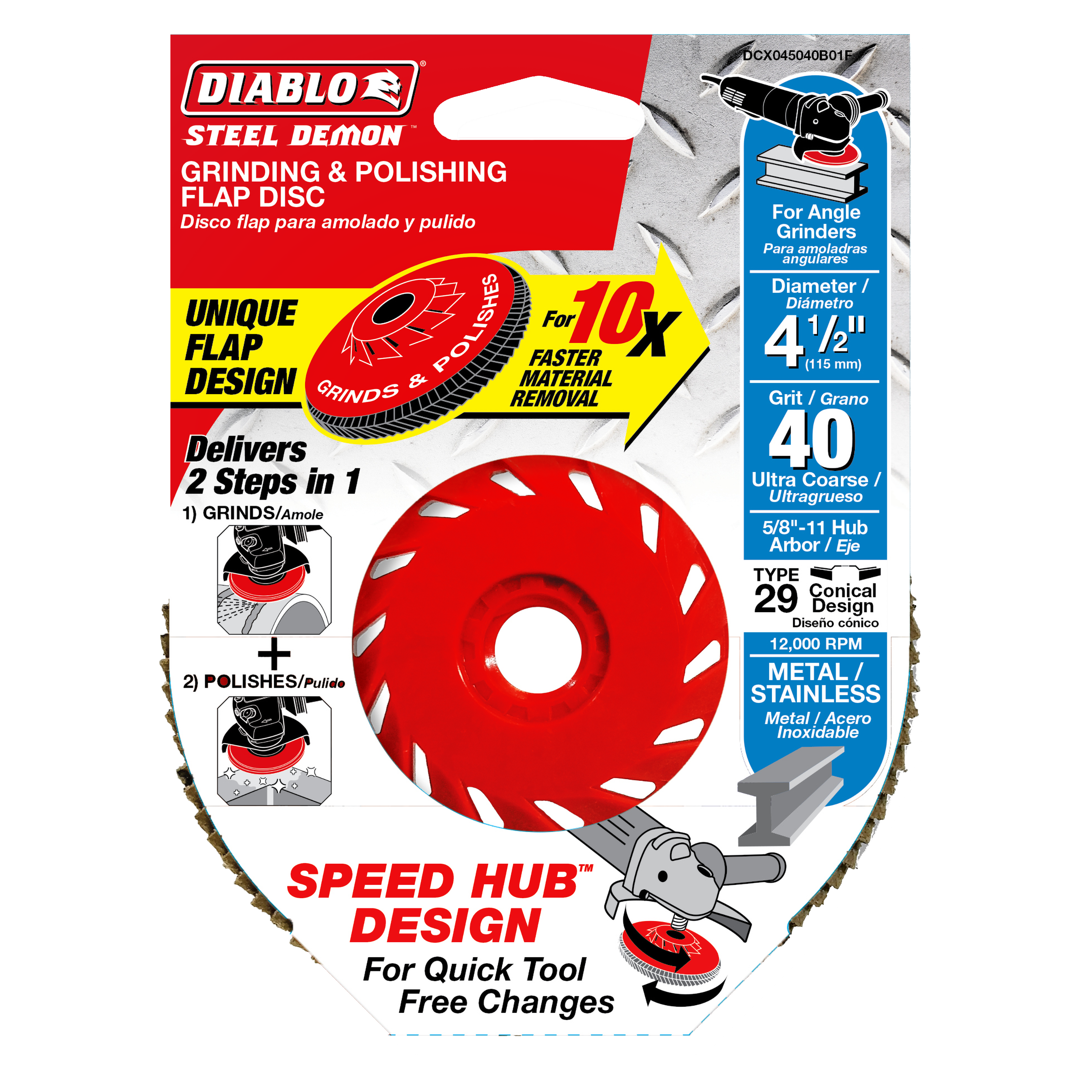 Diablo DCX045040B01F 4-1/2" 40-Grit Steel Demon™ Flap Disc for Metal with Speed Hub