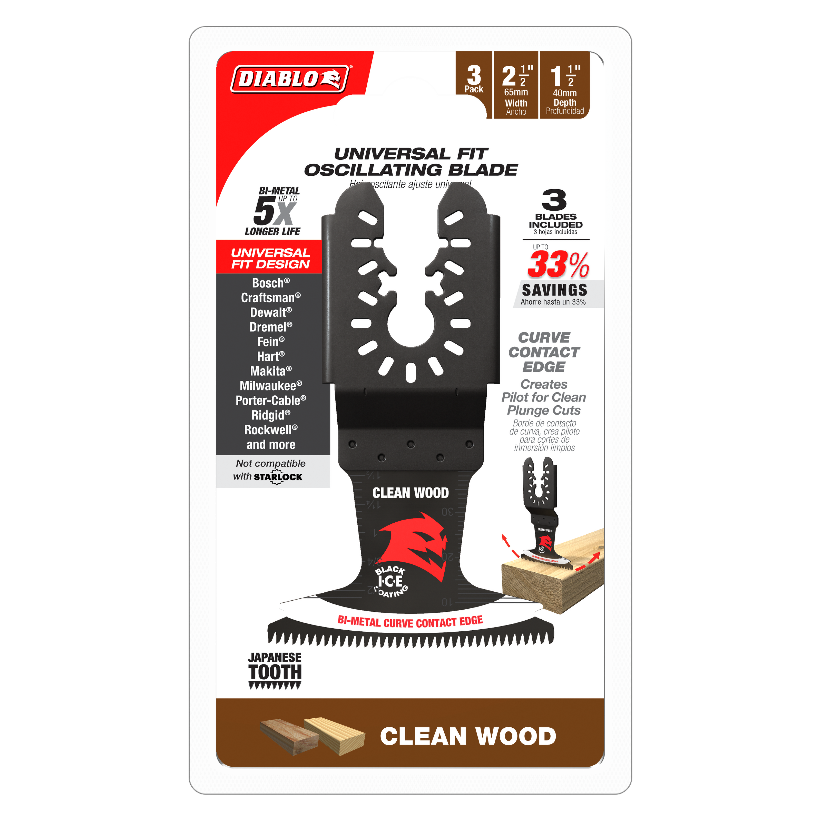 Diablo DOU250JBW3 2-1/2" Demo Demon™ Universal Fit Bi-Metal Oscillating Blades for Clean Wood (3-Pack)