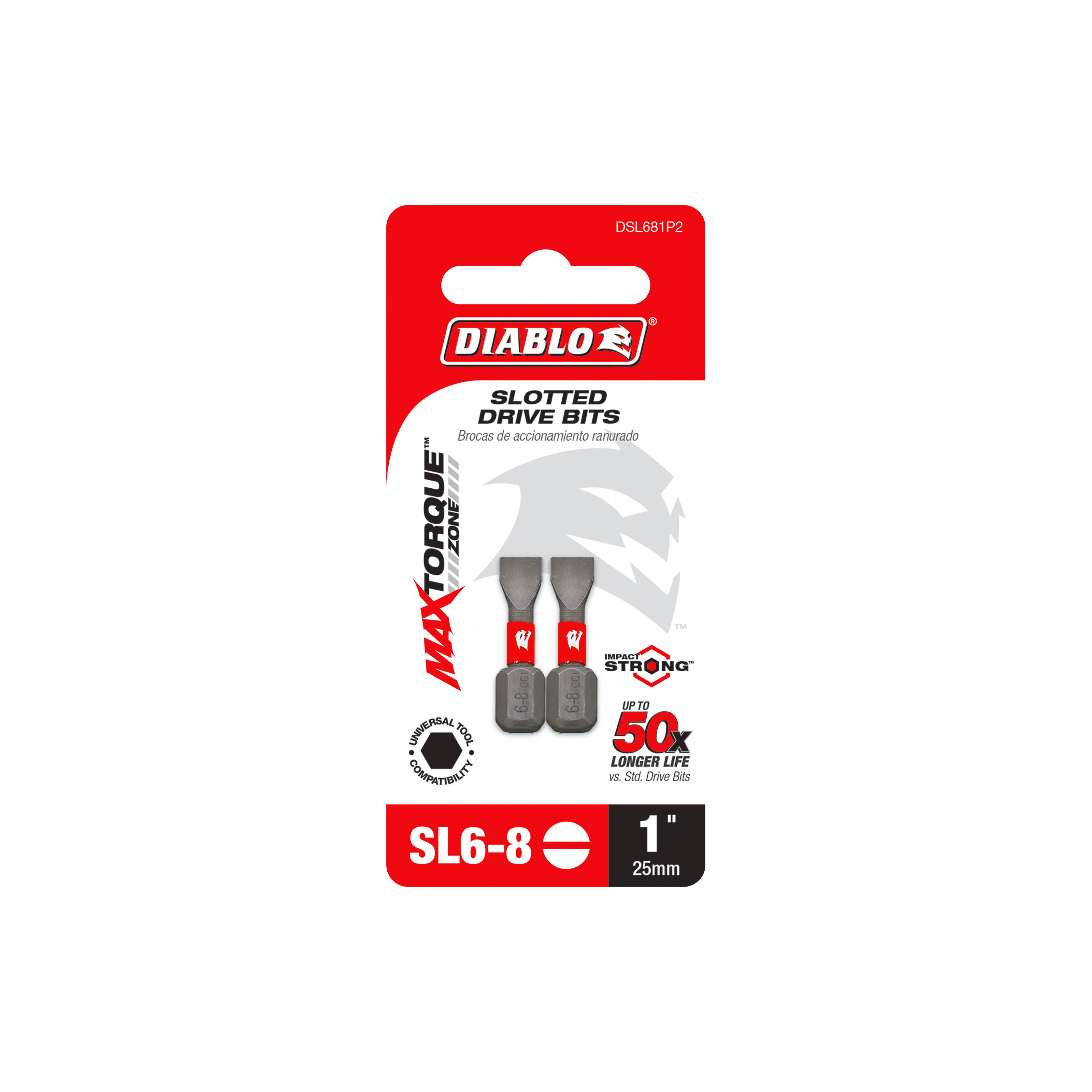 Diablo DSL681P2 1" SL6-8 Slotted Drive Bits (2-Pack)