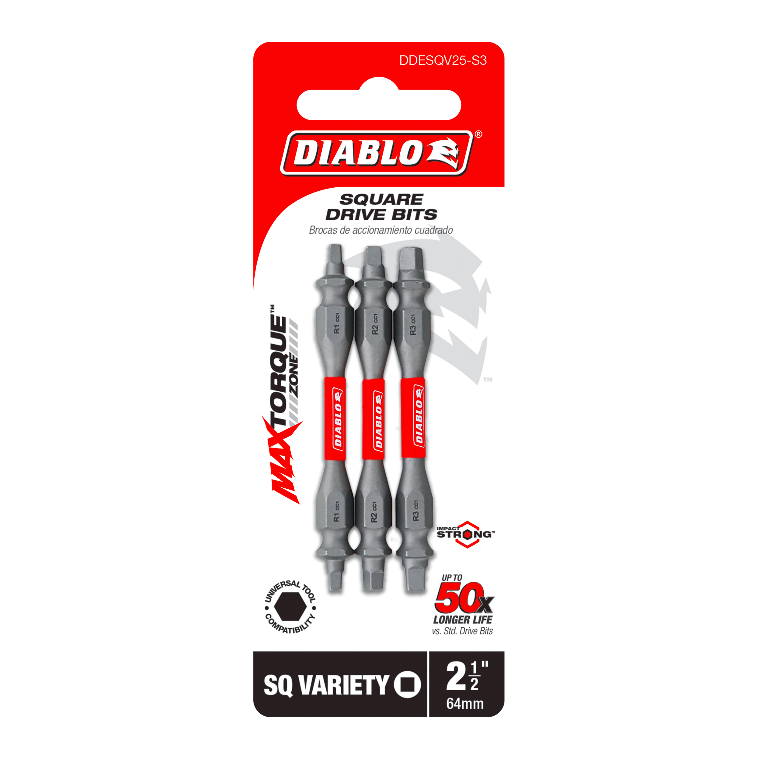 Diablo DDESQV25-S3 2-1/2" Assorted Double-Ended Square Drive Bits (3-Piece)