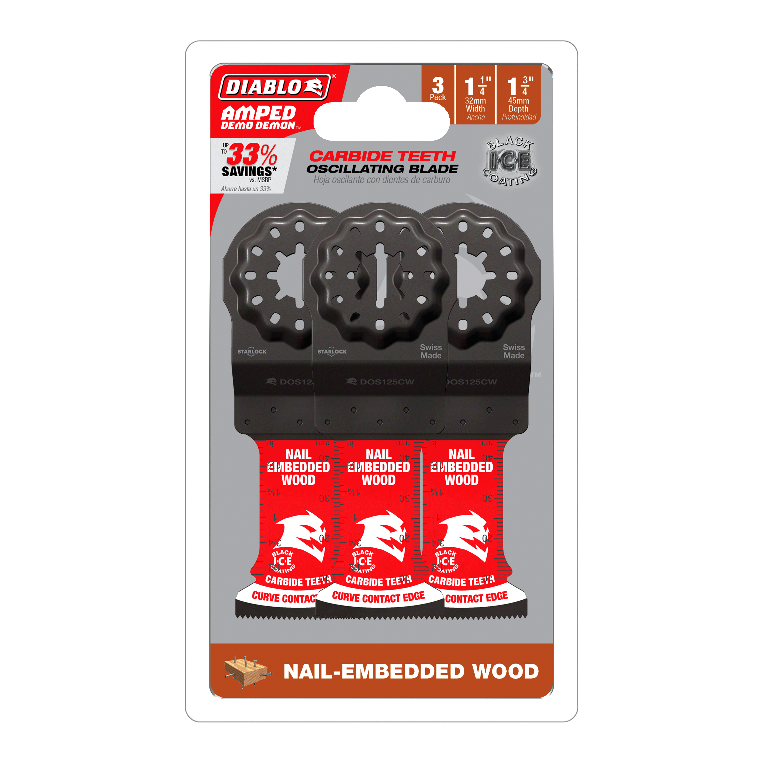 Diablo DOS125CW3 1-1/4" Diablo AMPED™ Demo Demon™ Starlock Carbide Teeth Oscillating Blades for Nail-Embedded Wood (3-Pack)