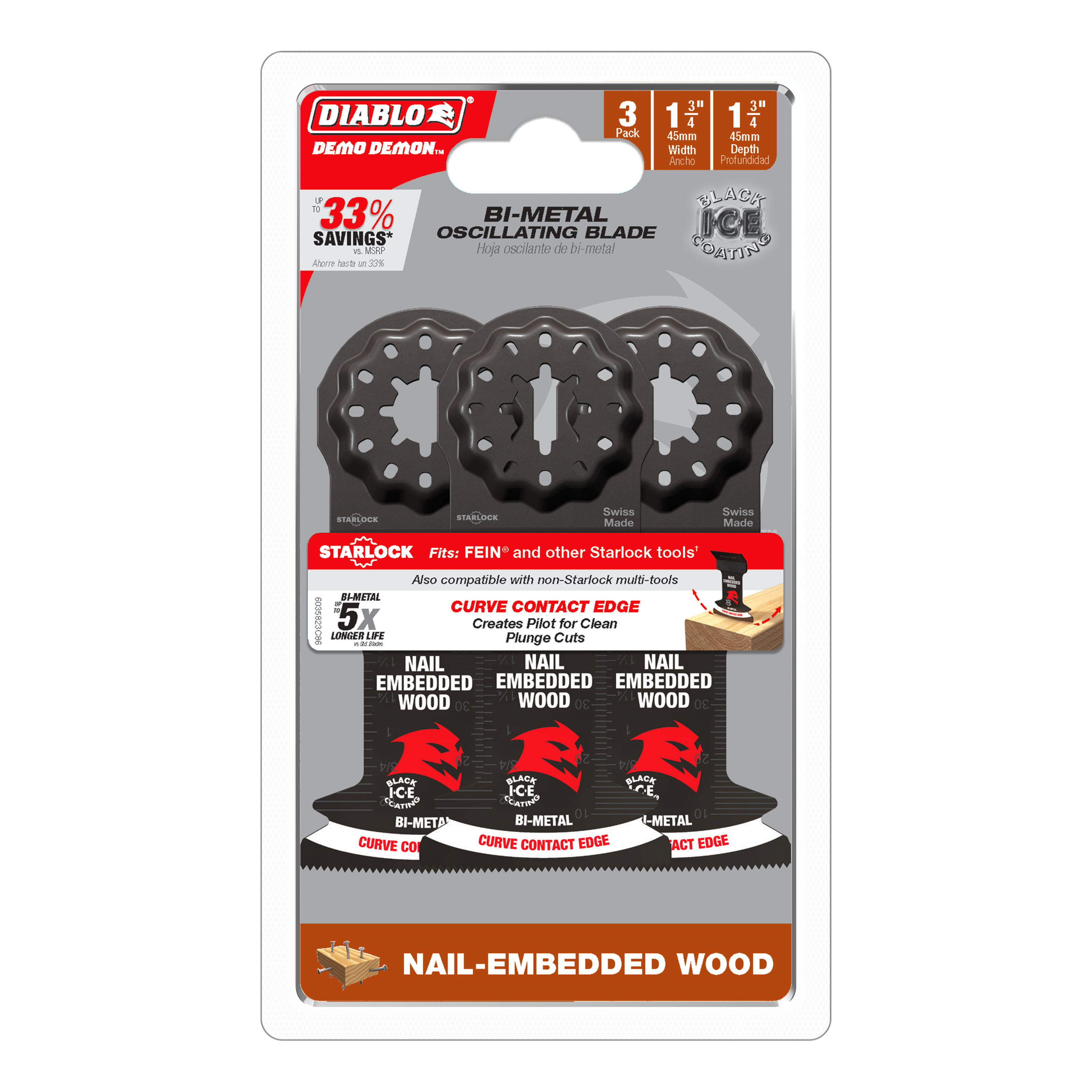 Diablo DOS175BW3 1-3/4" Diablo Demo Demon™ Starlock Bi-Metal Oscillating Blades for Nail-Embedded Wood (3-Pack)