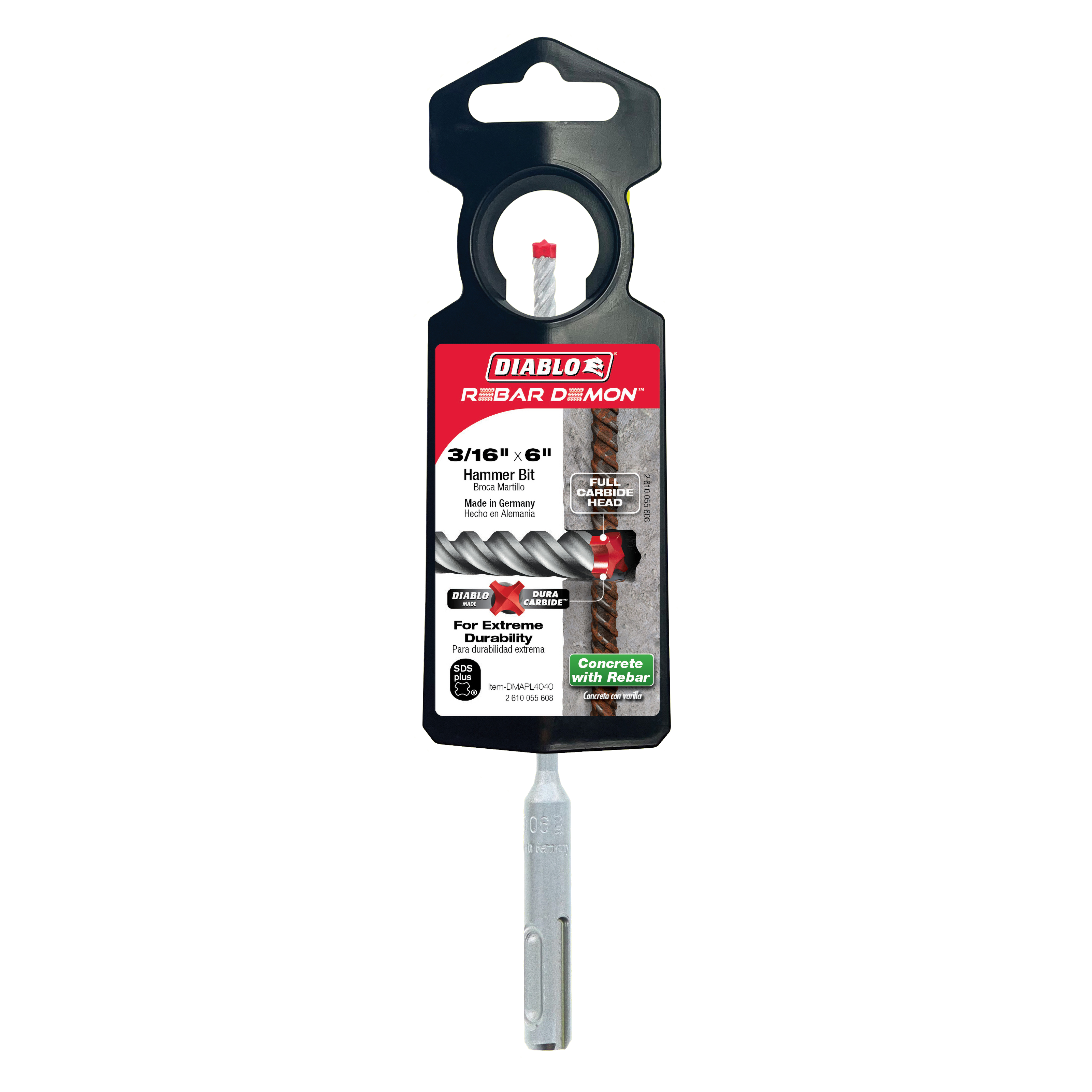 Diablo DMAPL4040 3/16" x 4" x 6" Rebar Demon™ SDS-Plus 4-Cutter Full Carbide Head Hammer Drill Bit