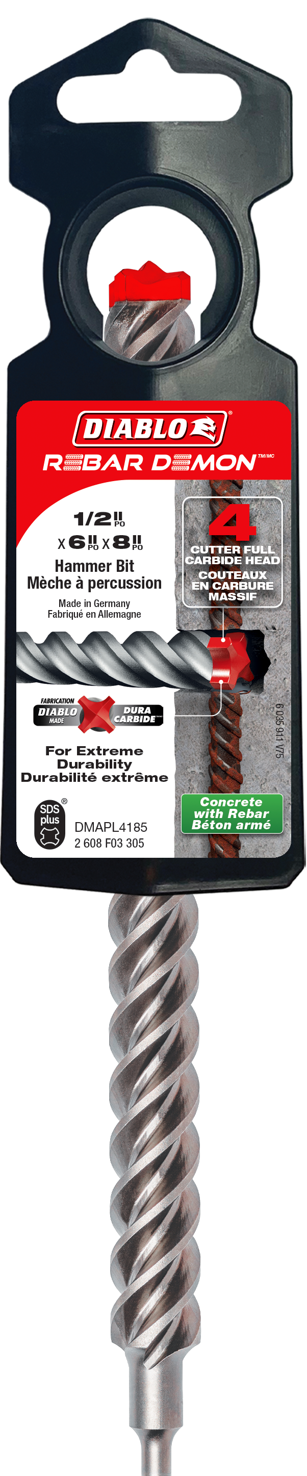 Diablo DMAPL4185 1/2" x 6" x 8" Rebar Demon™ SDS-Plus 4-Cutter Full Carbide Head Hammer Drill Bit