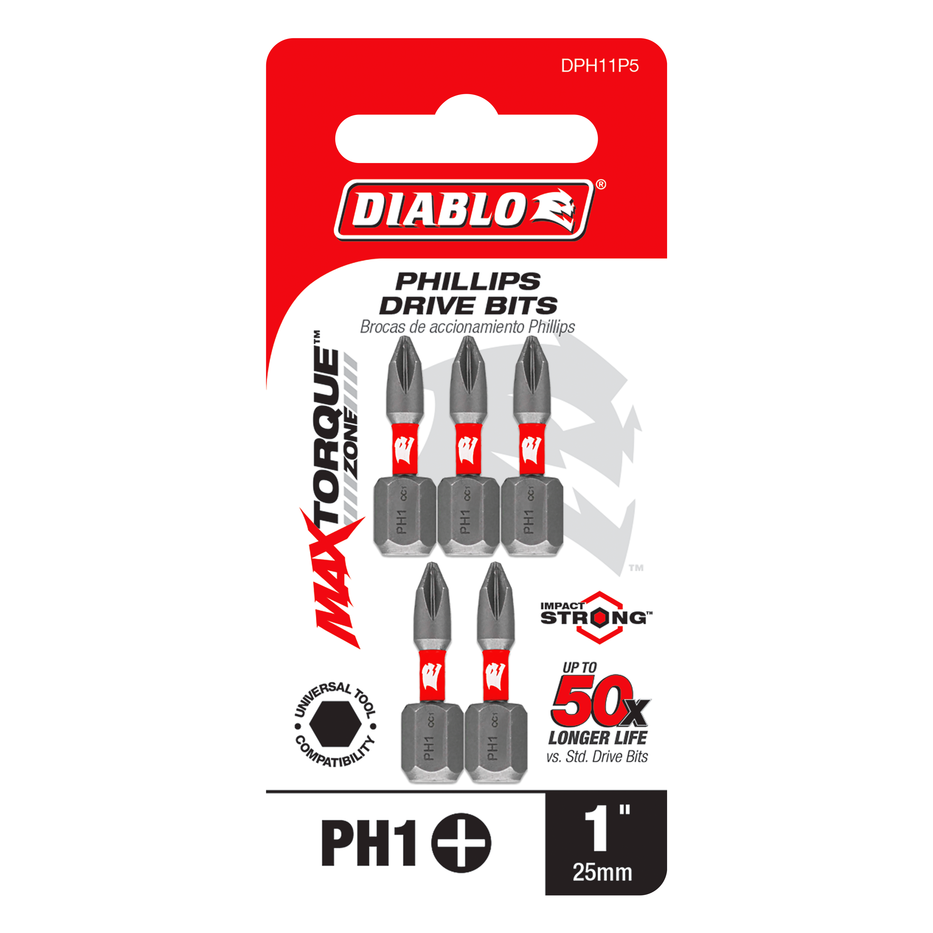 Diablo DPH11P5 1" #1 Phillips Drive Bits (5-Pack)