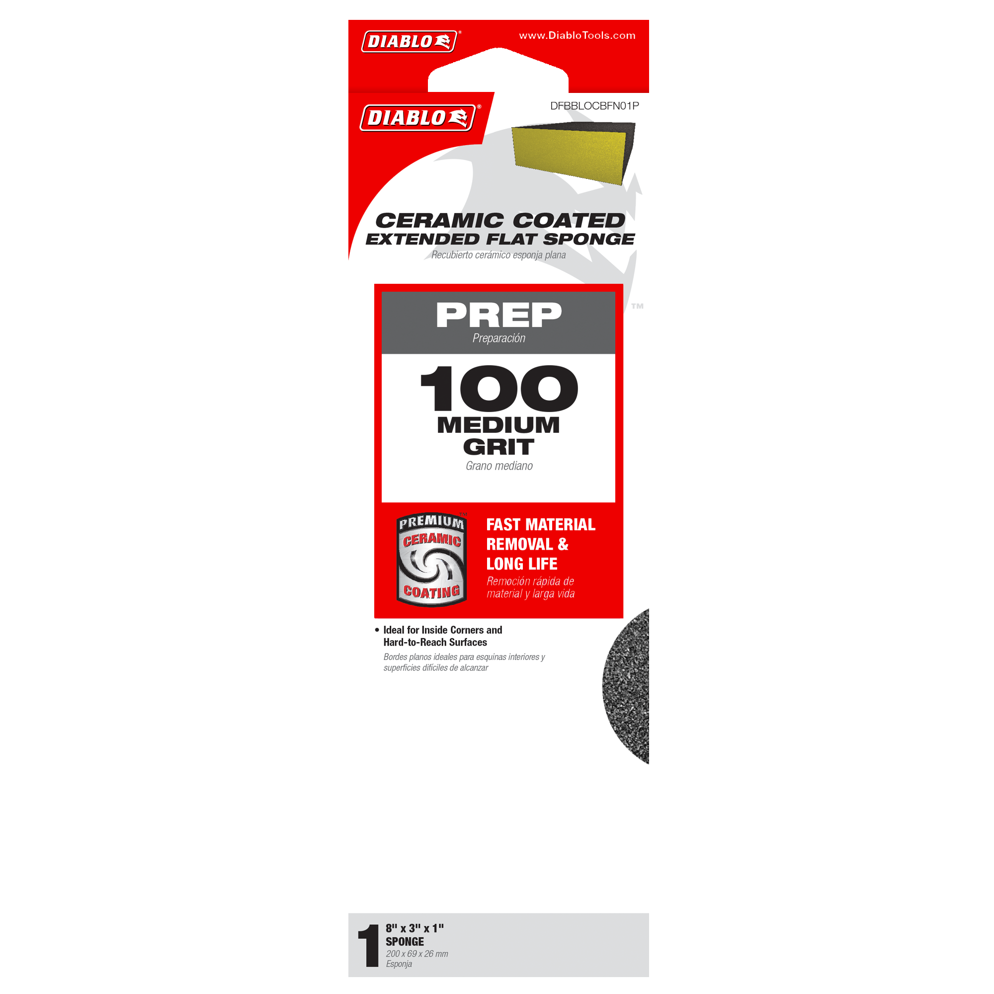 Diablo DFBBLOCBFN01G 8" x 3" x 1" 100-Grit Extended Flat Edge Sanding Sponge