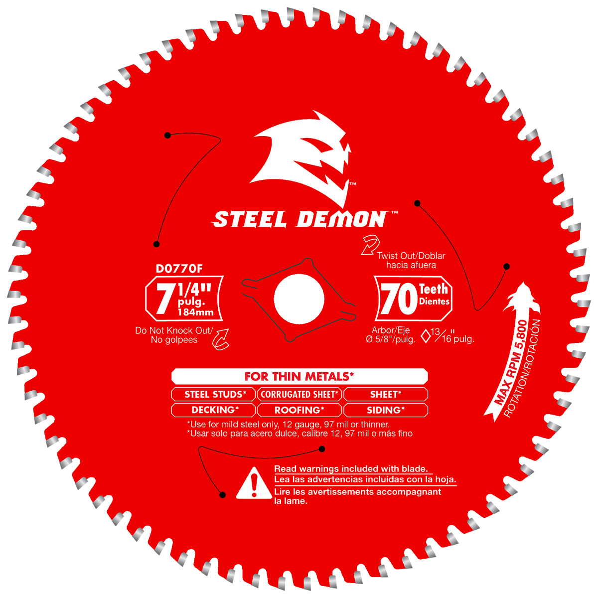 Diablo D0770F 7-1/4" x 70-Teeth Steel Demon™ Carbide Saw Blade for Thin Metal