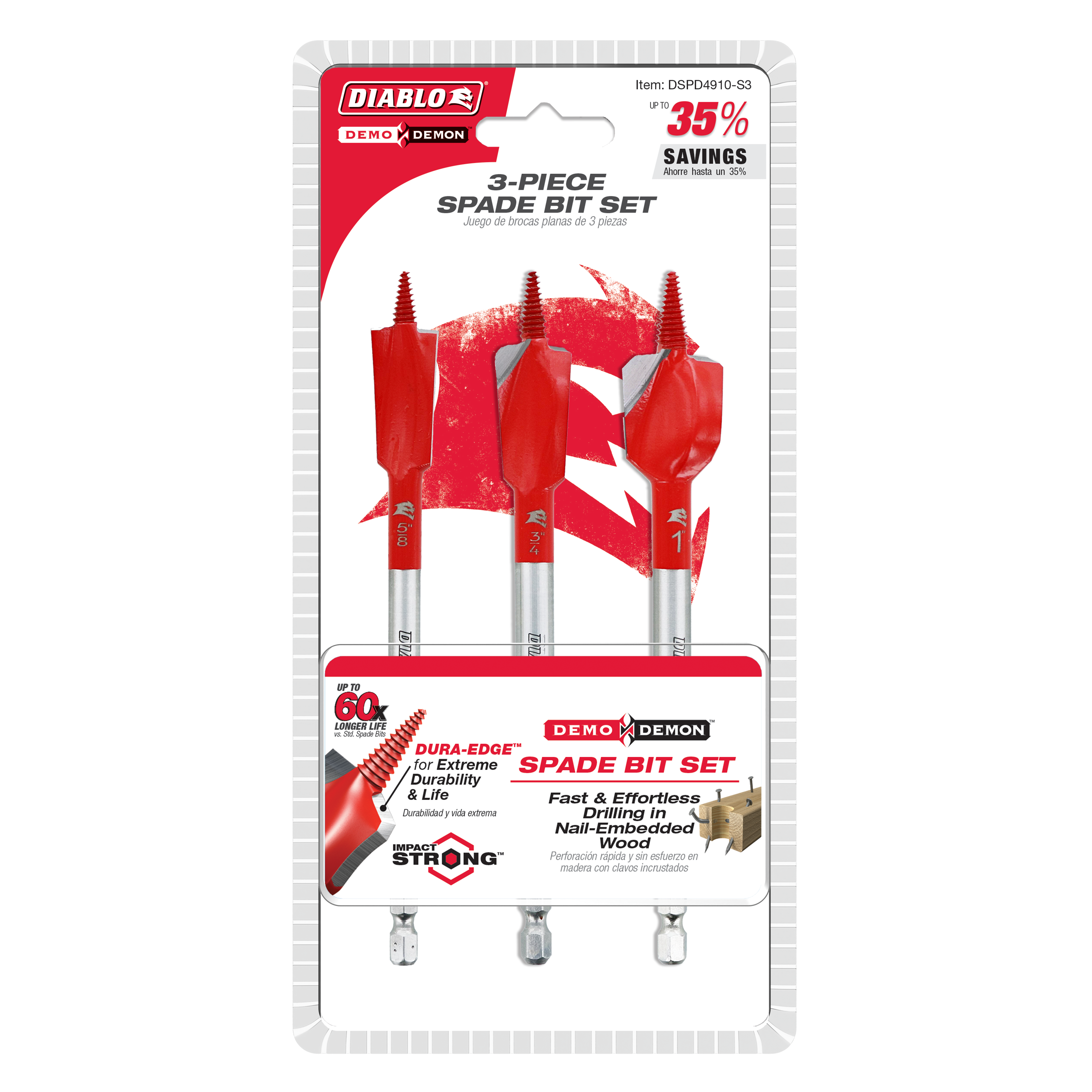 Diablo DSPD4910-S3 3 pc Demo Demon™ Spade Bit Set for Nail-Embedded Wood (3-Pieces)