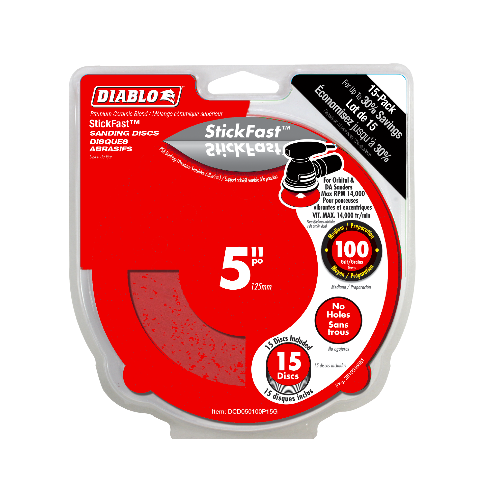 Diablo DCD050100P15G 5" 100-Grit StickFast™ ROS Sanding Discs (15-Pack)