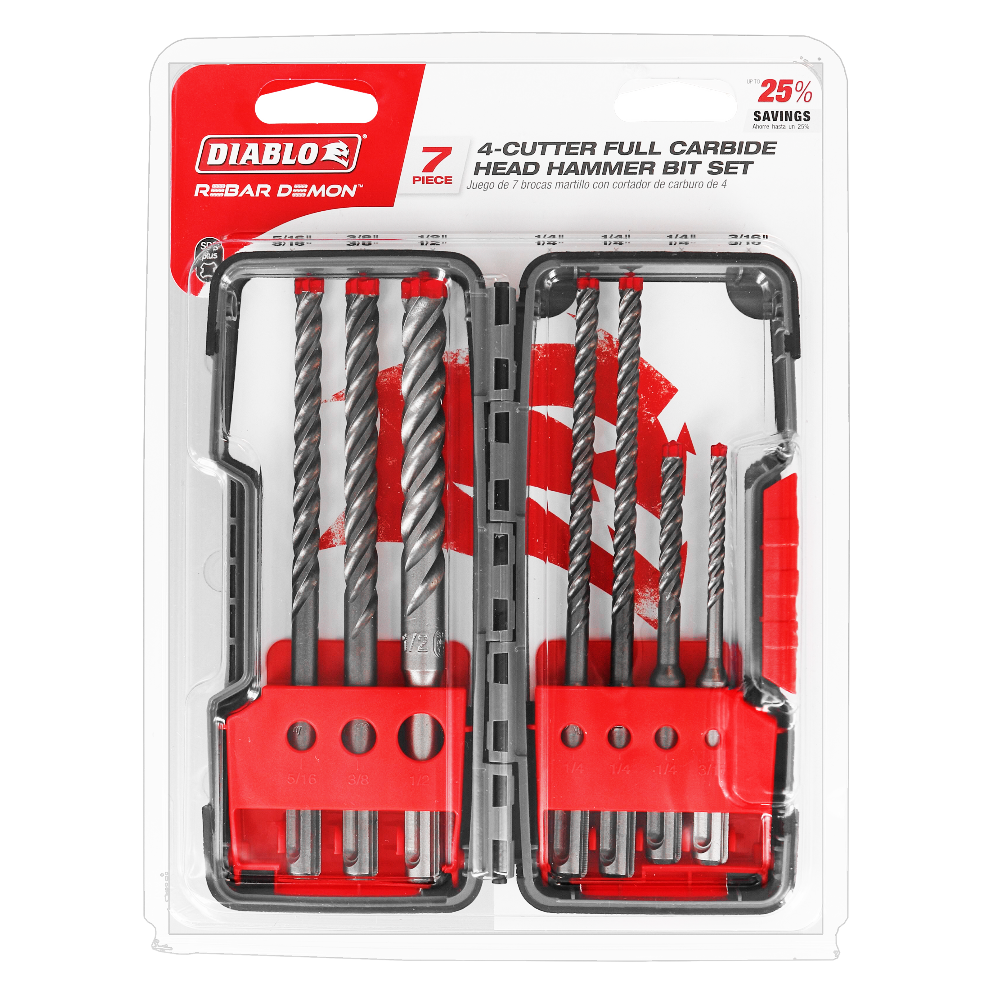 Diablo DMAPL9920-S7 7pc Rebar Demon™ SDS-Plus 4-Cutter Full Carbide Head Hammer Bit Set (7-Piece)