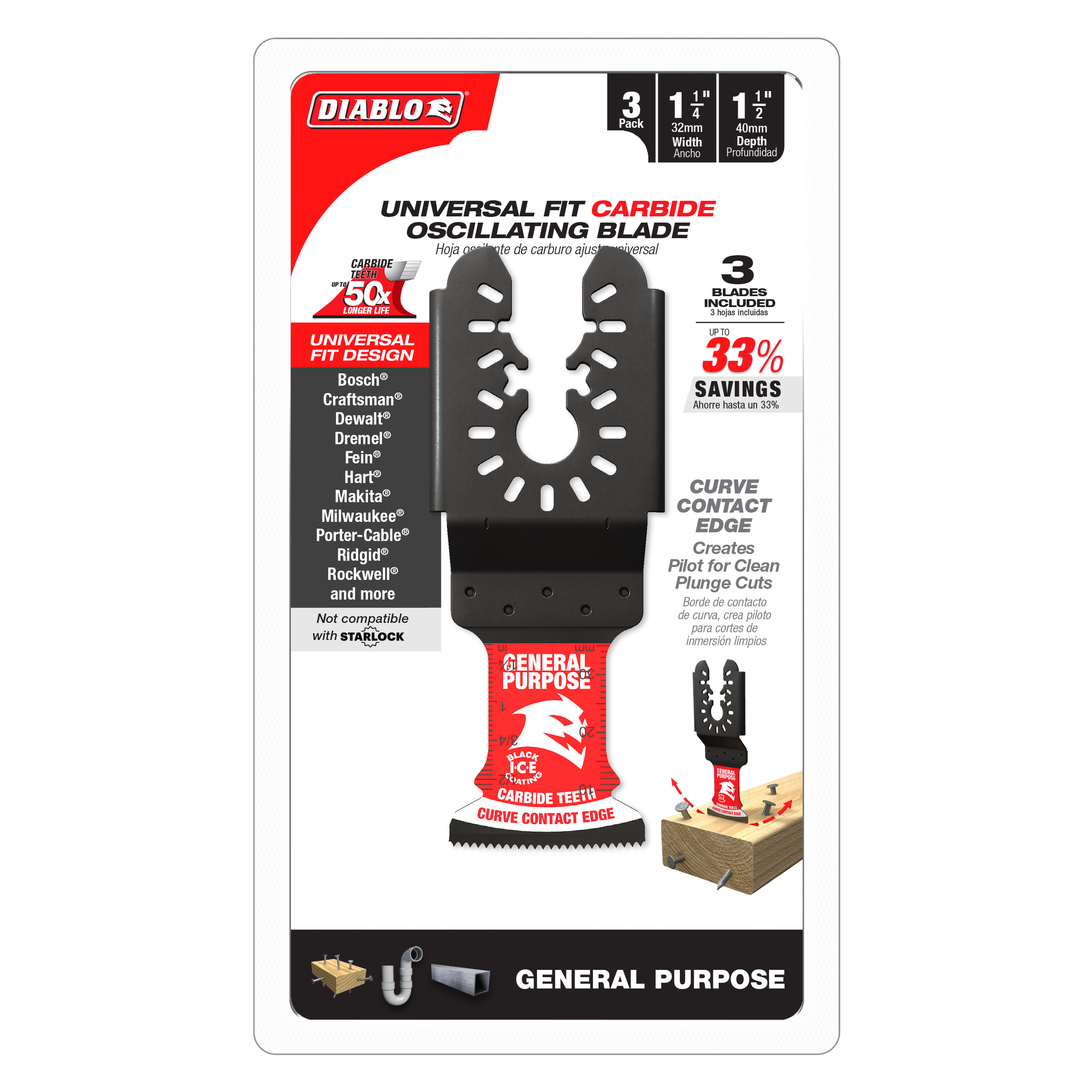 Diablo DOU125CGP3 1-1/4" AMPED™ Demo Demon™ Universal Fit Carbide Teeth Oscillating Blades for General Purpose Cuts (3-Pack)