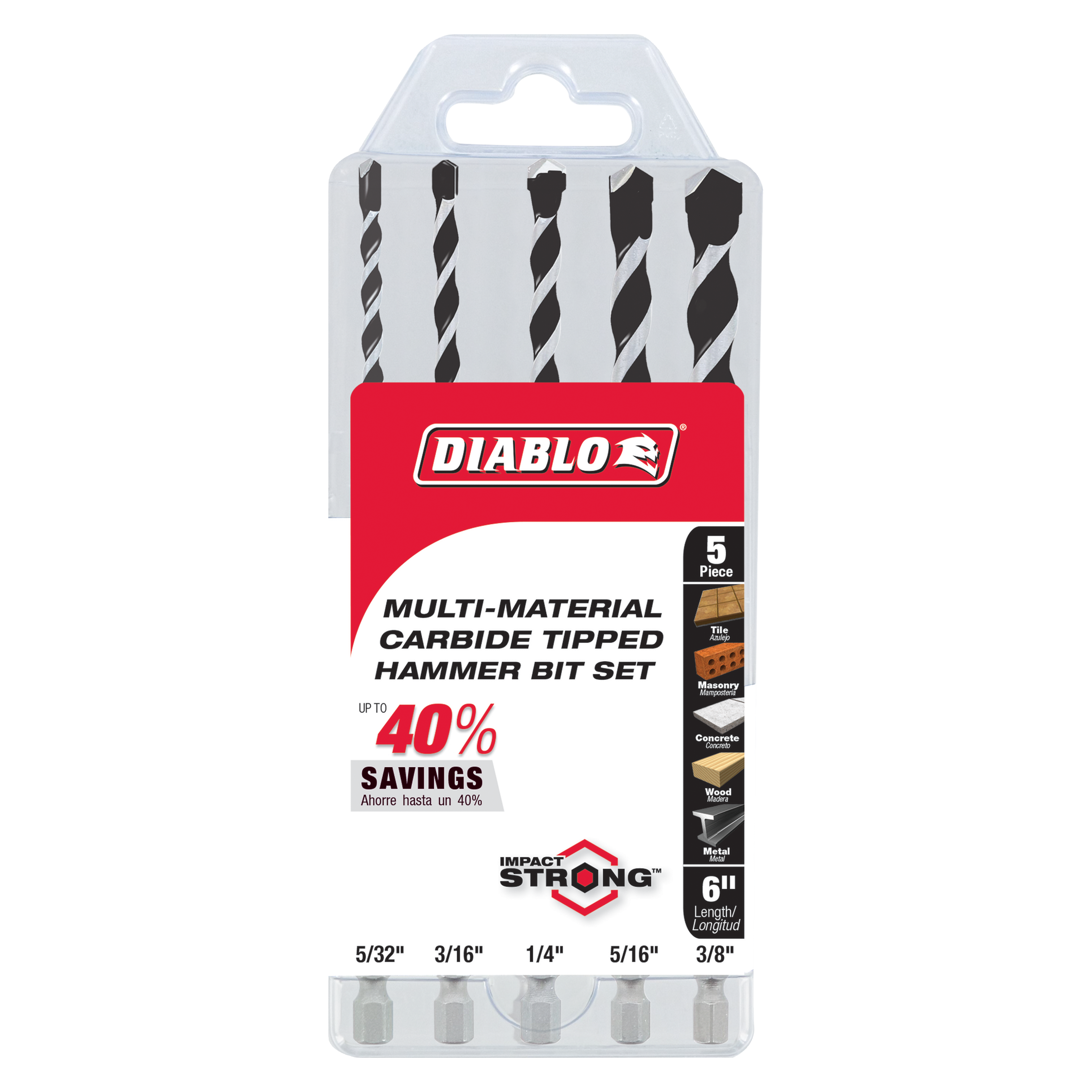 Diablo DMAMM1190-S5 5 pc Multi-Material Carbide-Tipped Hammer Drill Bit Set (5-Piece)