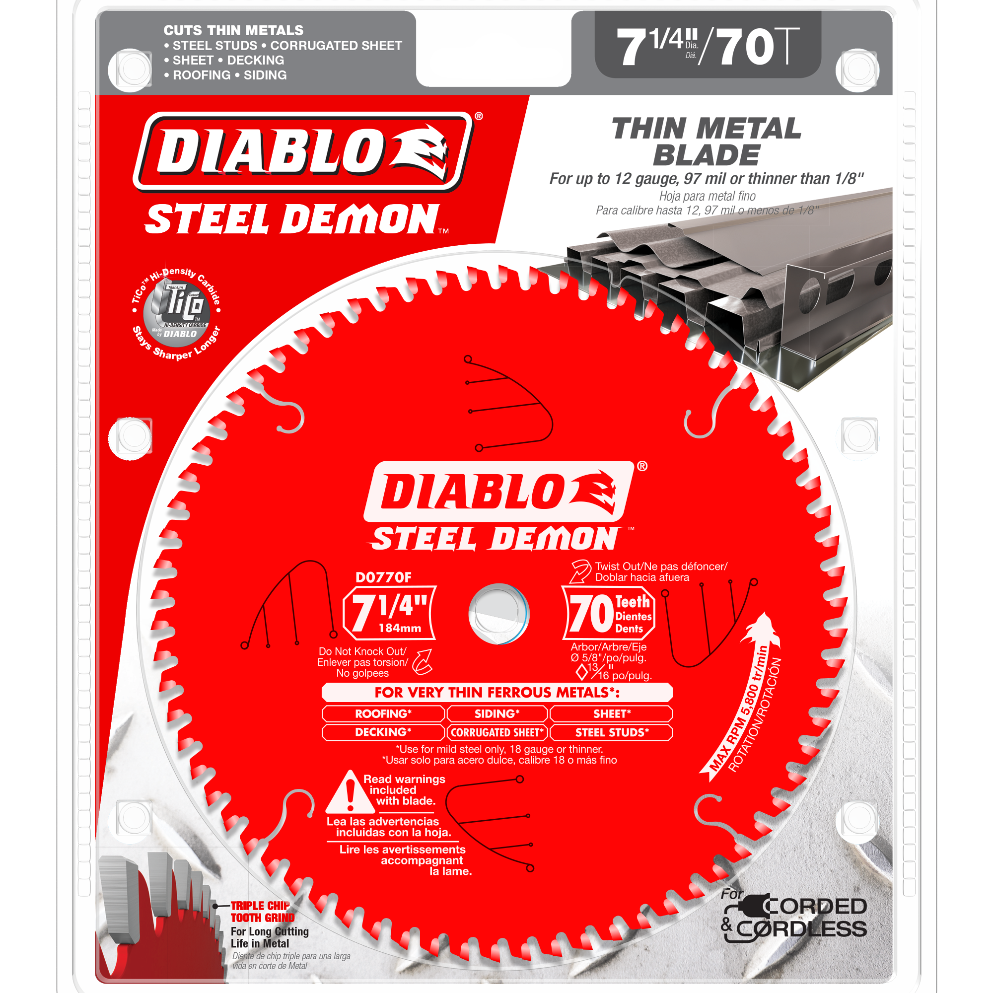 Diablo D0770F 7-1/4" x 70-Teeth Steel Demon™ Carbide Saw Blade for Thin Metal