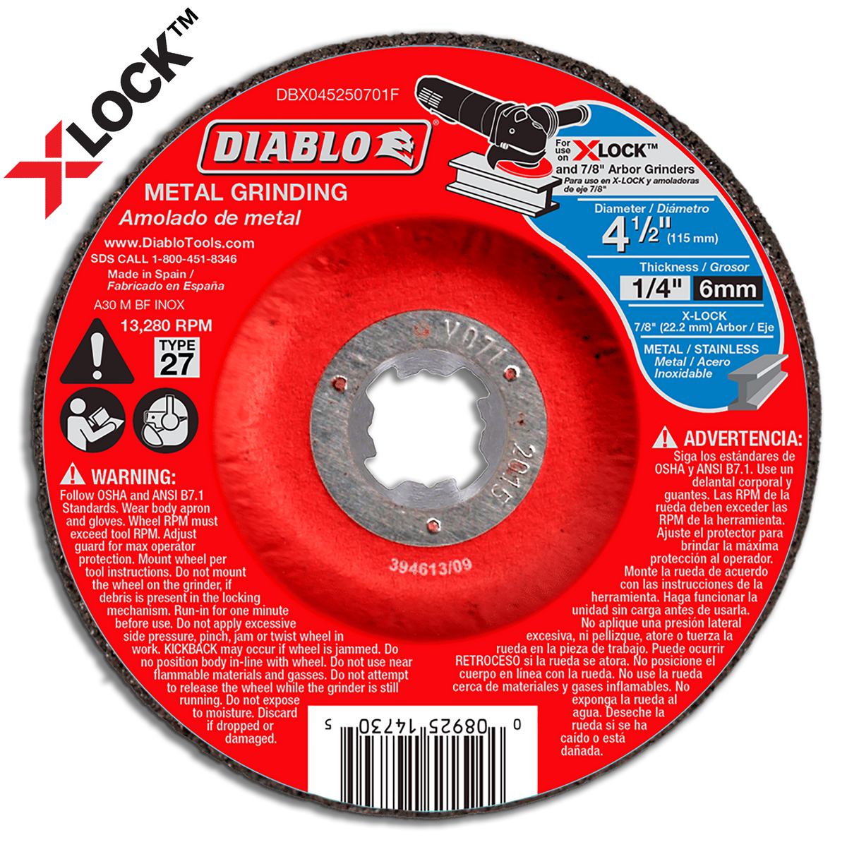 Diablo DBX045250701F 4-1/2" Type 27 X-LOCK Metal Grinding Disc