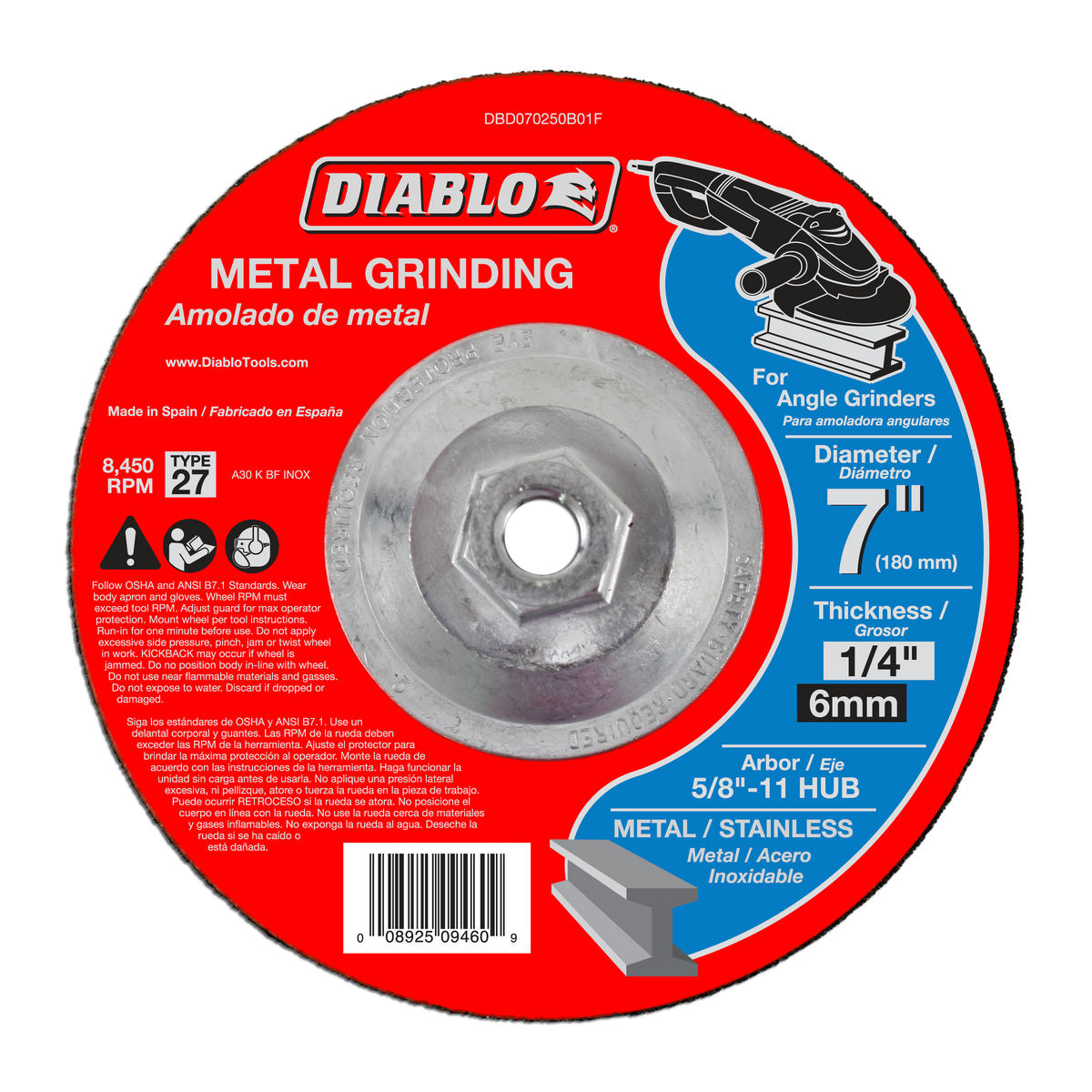 Diablo DBD070250B01F 7" x 1/4" x 5/8"-11 Type 27 HUB Metal Grinding Disc