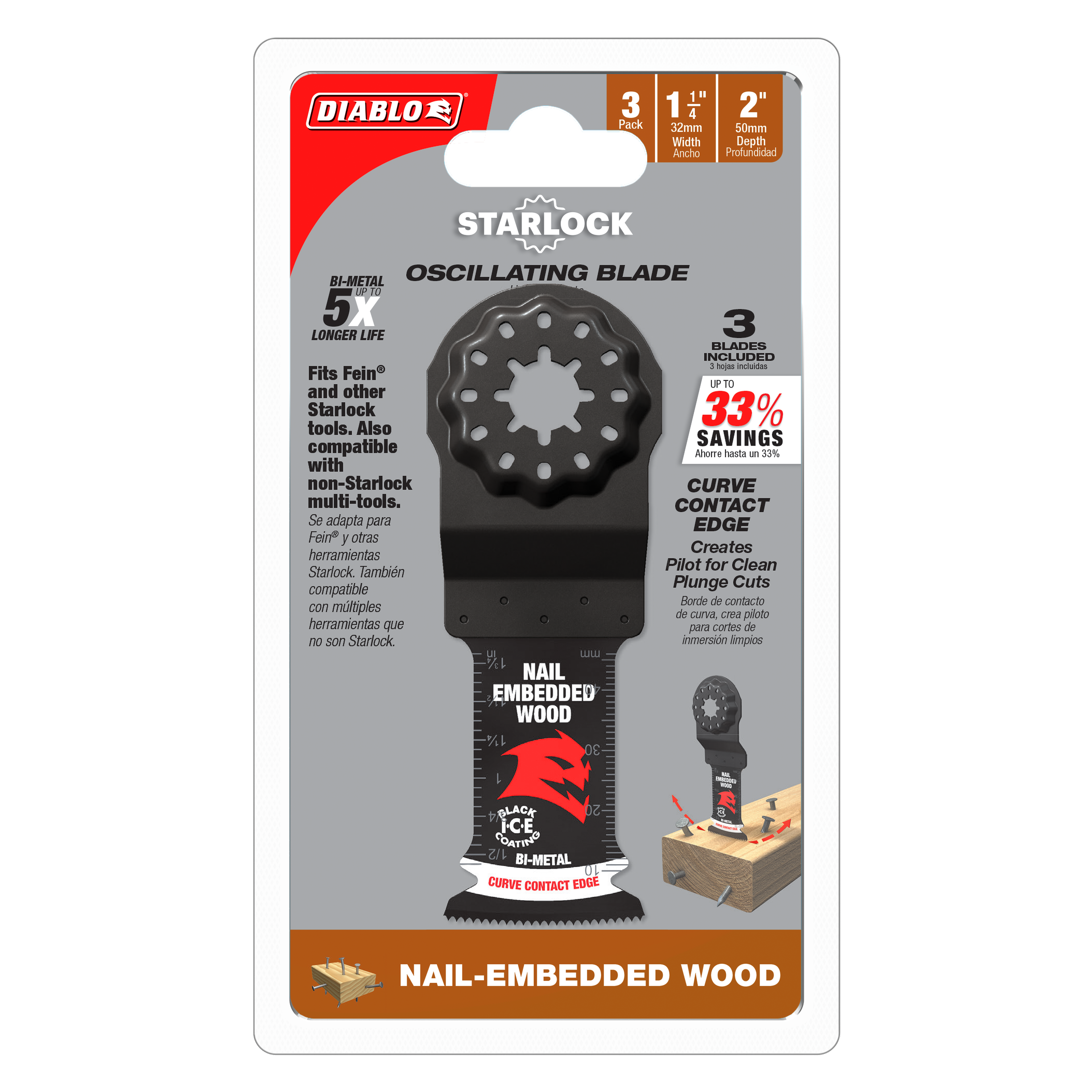 Diablo DOS125BW3 1-1/4" Demo Demon™ Starlock Bi-Metal Oscillating Blades for Nail-Embedded Wood (3-Pack)