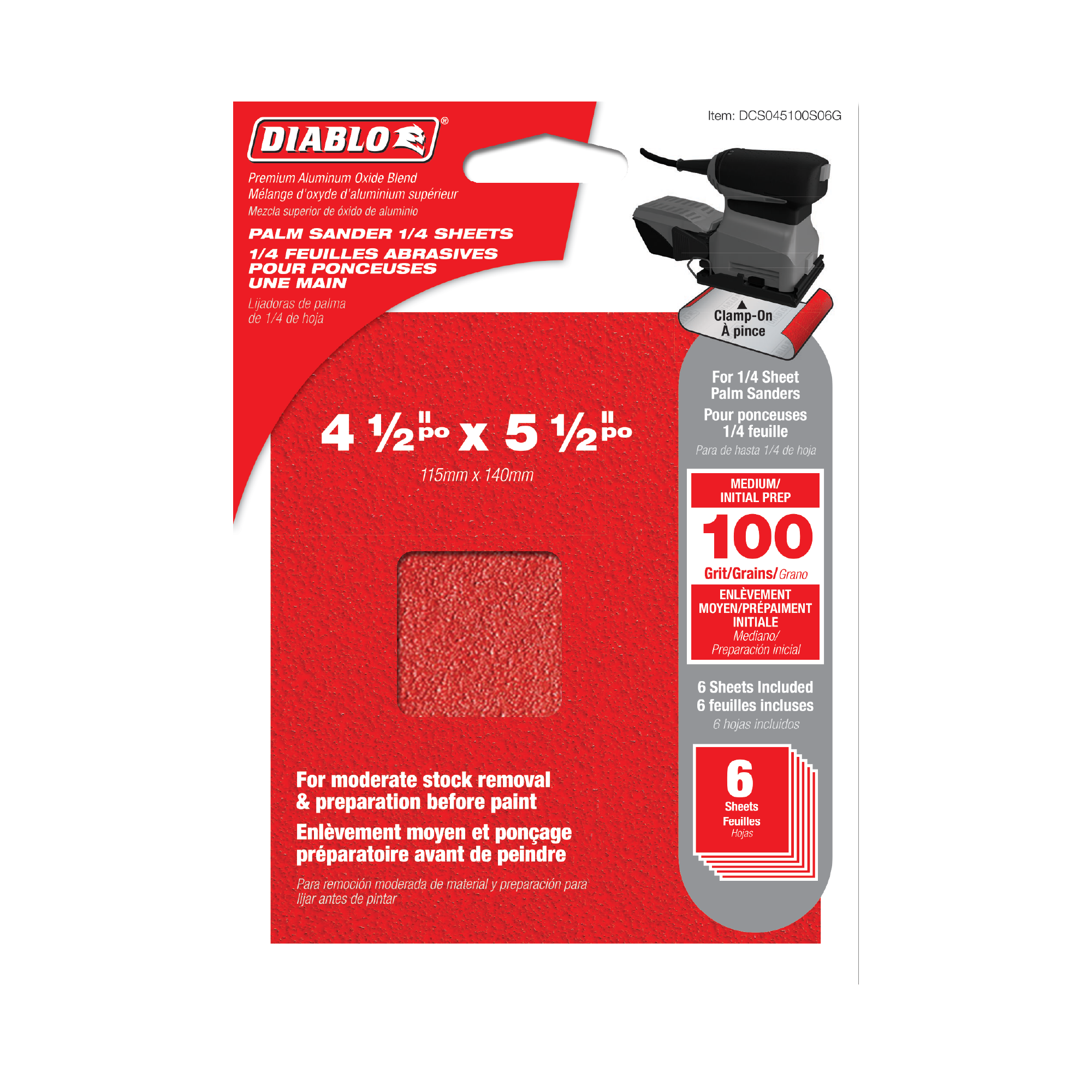 Diablo DCS045100S06G 4-1/2" x 5-1/2" 100-Grit Palm Sander 1/4 Sanding Sheets (6-Pack)