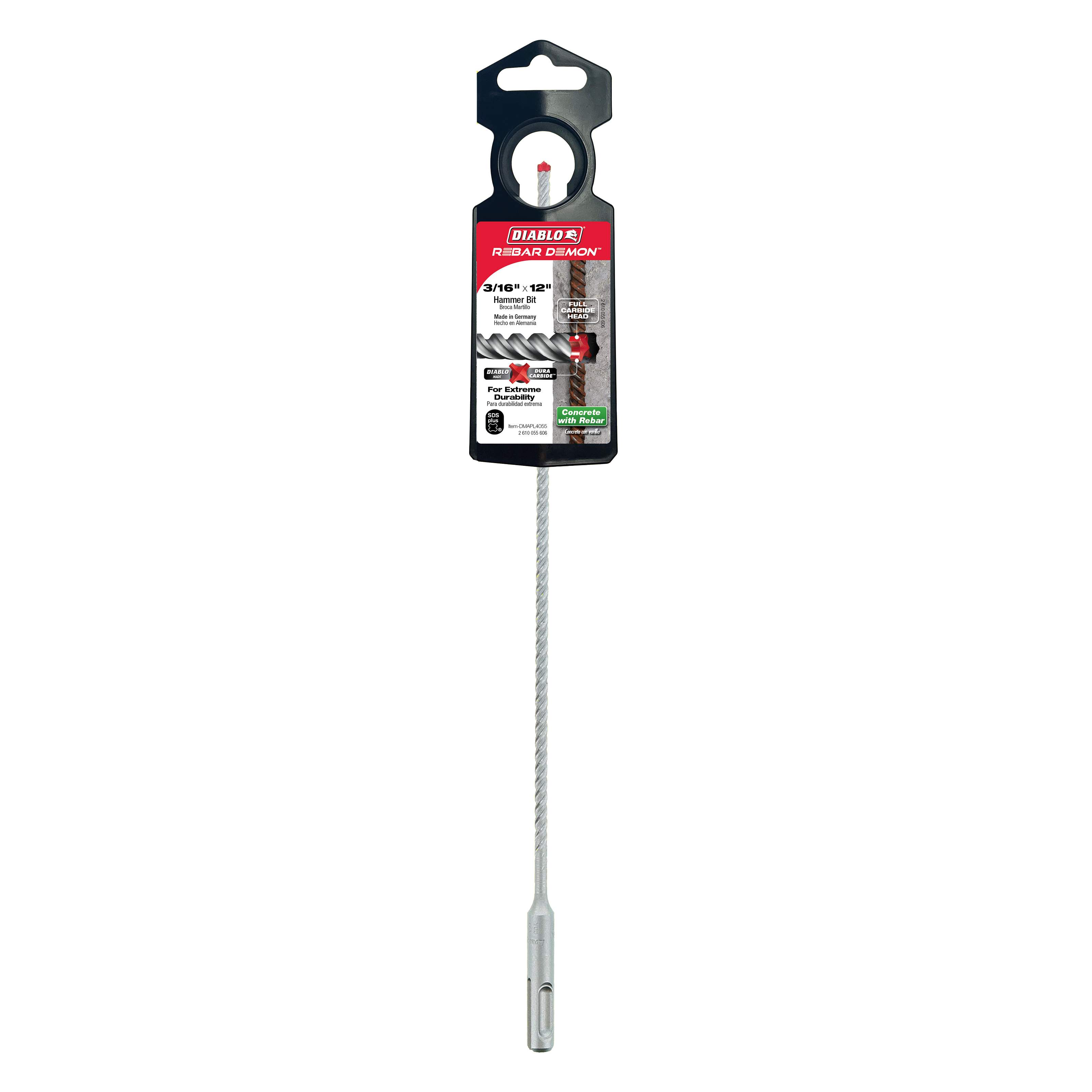 Diablo DMAPL4055 3/16" x 10" x 12" Rebar Demon™ SDS-Plus 4-Cutter Full Carbide Head Hammer Drill Bit