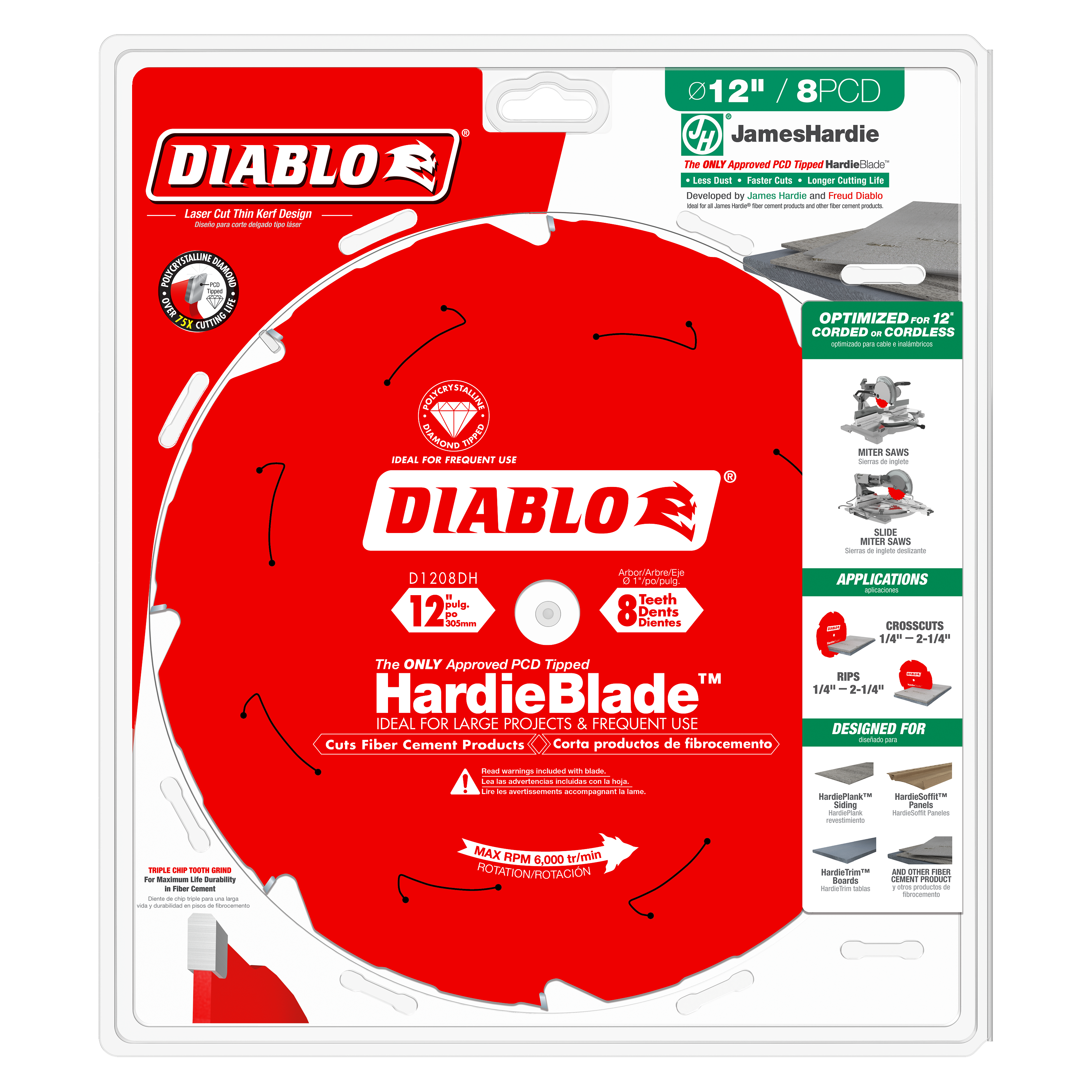 Diablo D1208DH 12" x 8-Teeth HardieBlade™ Saw Blade for Fiber Cement