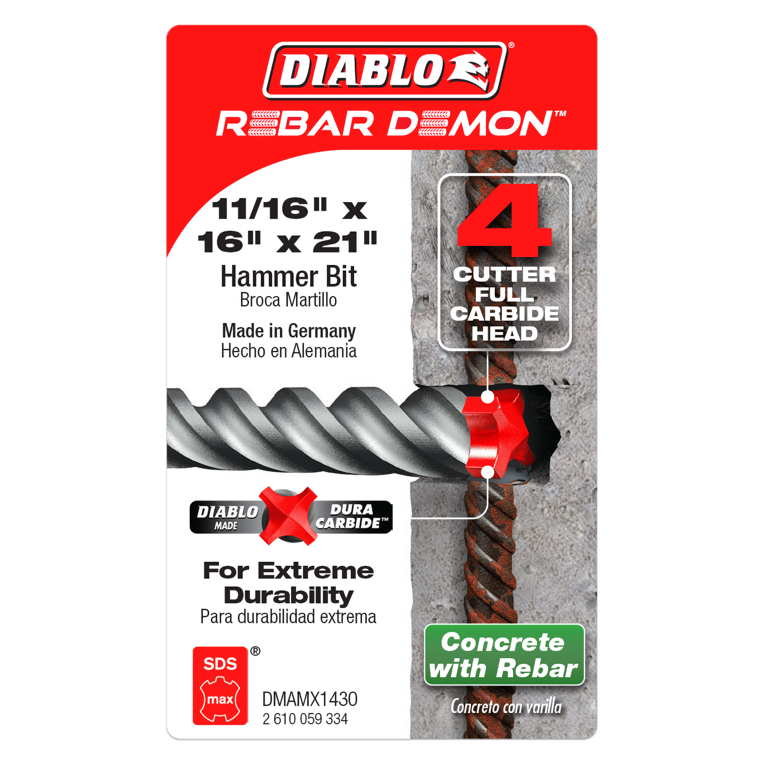 Diablo DMAMX1430 11/16" x 16" x 21" Rebar Demon™ SDS-Max 4-Cutter Full Carbide Head Hammer Drill Bit