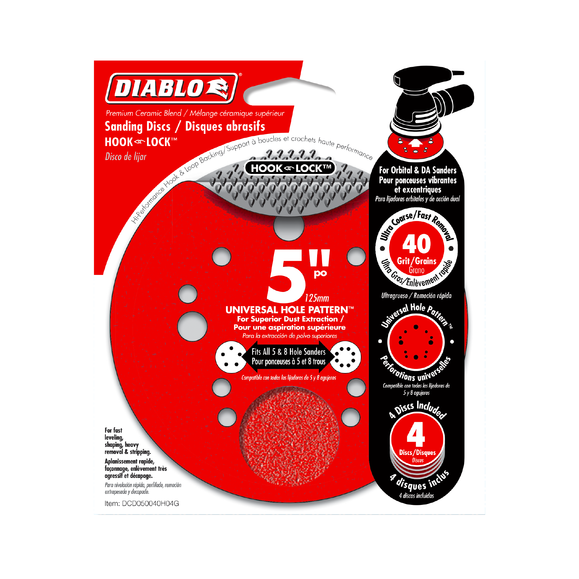 Diablo DCD050040H04G 5" 40-Grit Hook & Lock™ ROS Sanding Discs (4-Pack)