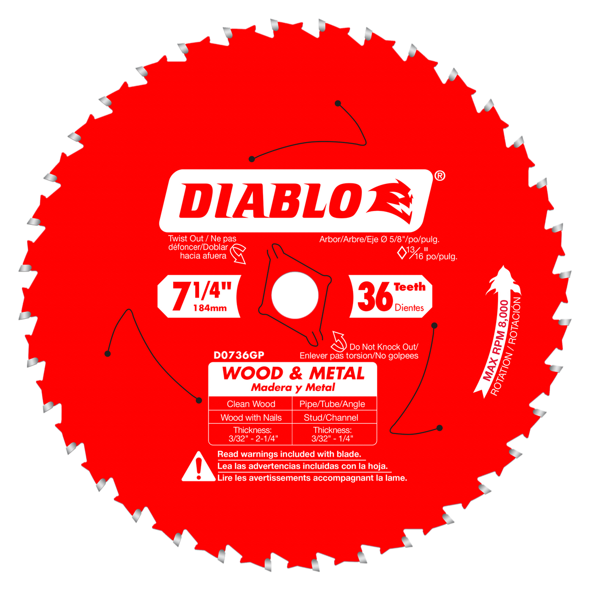 Diablo D0736GPX 7-1/4" x 36 Tooth Wood & Metal Carbide Saw Blade