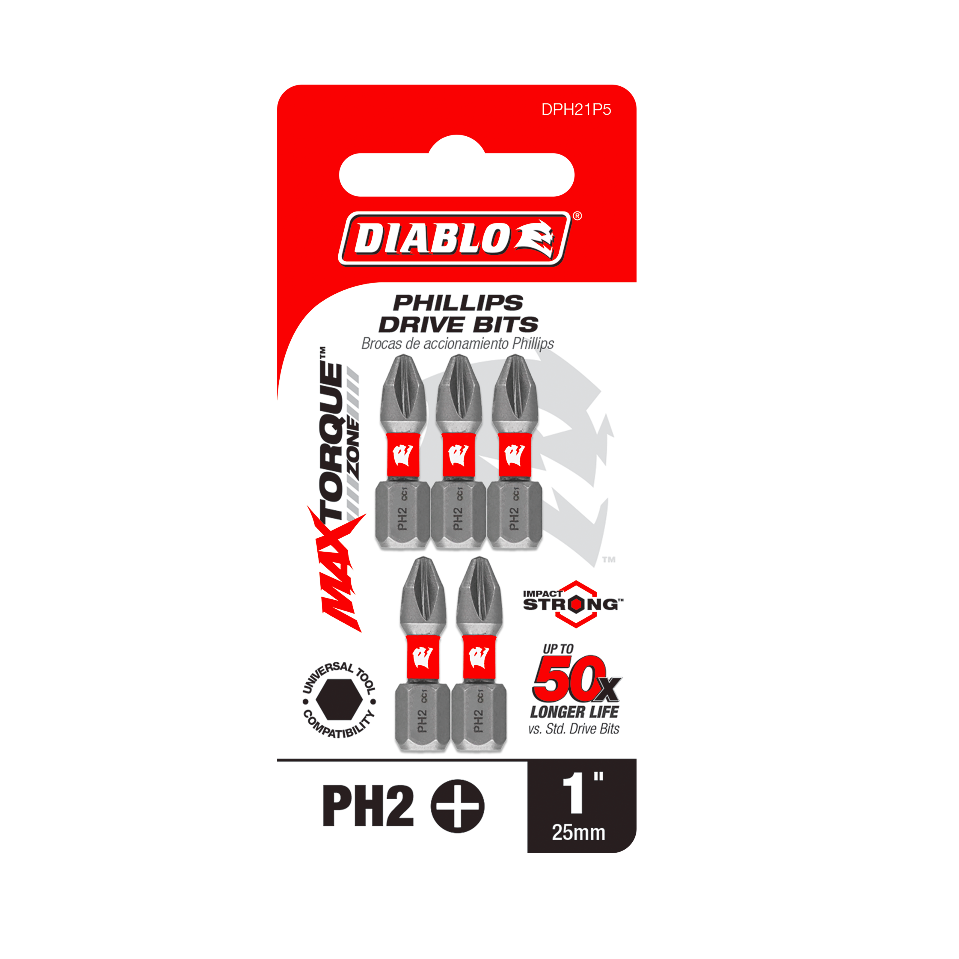 Diablo DPH21P5 1" #2 Phillips Drive Bits (5-Pack)