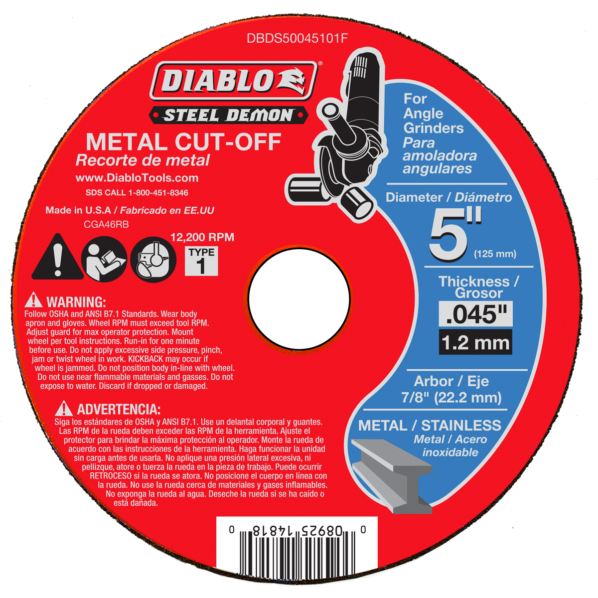 Diablo DBDS50045101F 5" Type 1 Steel Demon™ Metal Cut-Off Disc