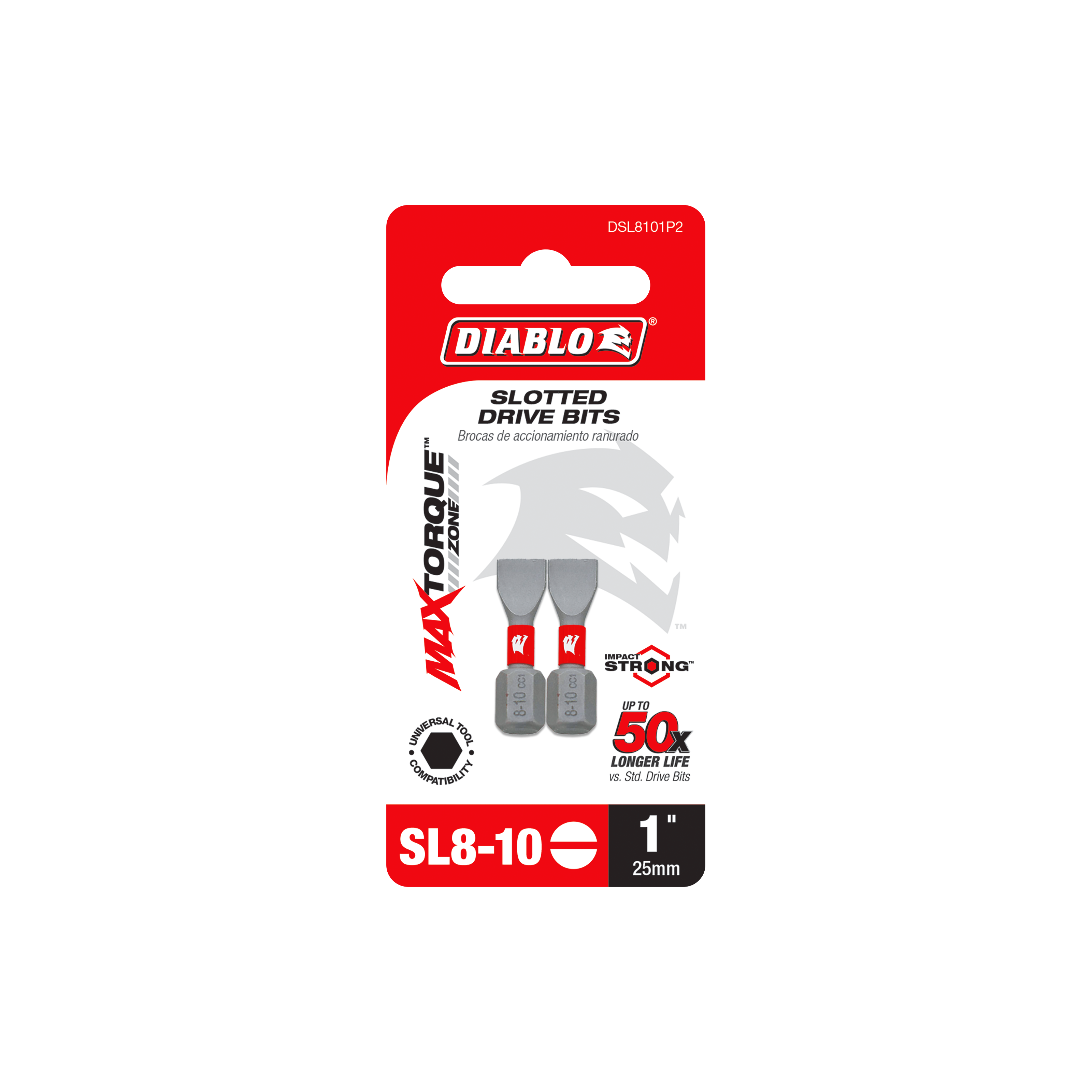 Diablo DSL8101P2 1" SL8-10 Slotted Drive Bits (2-Pack)