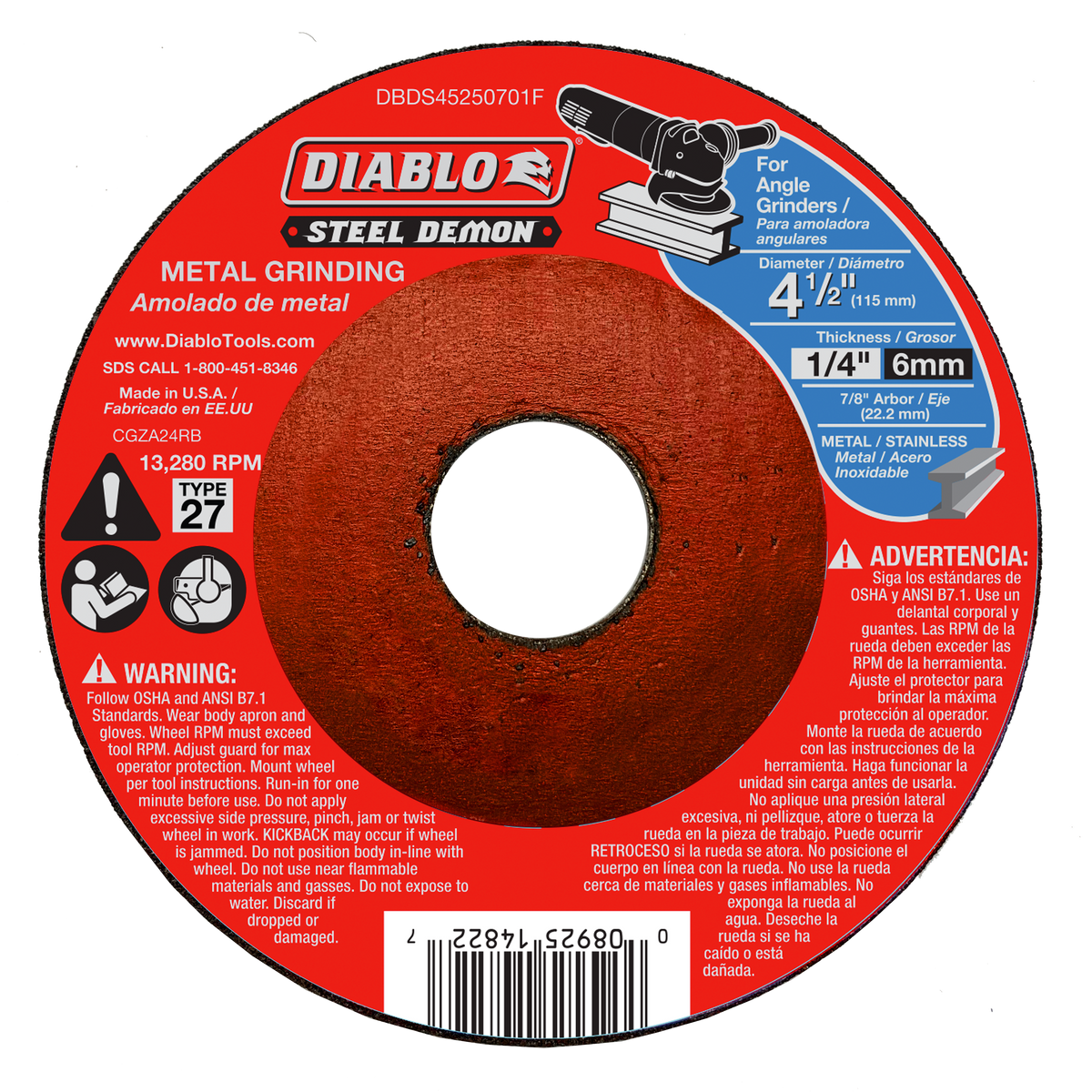 Diablo DBDS45250701F 4-1/2" Type 27 Steel Demon™ Metal Grinding Disc