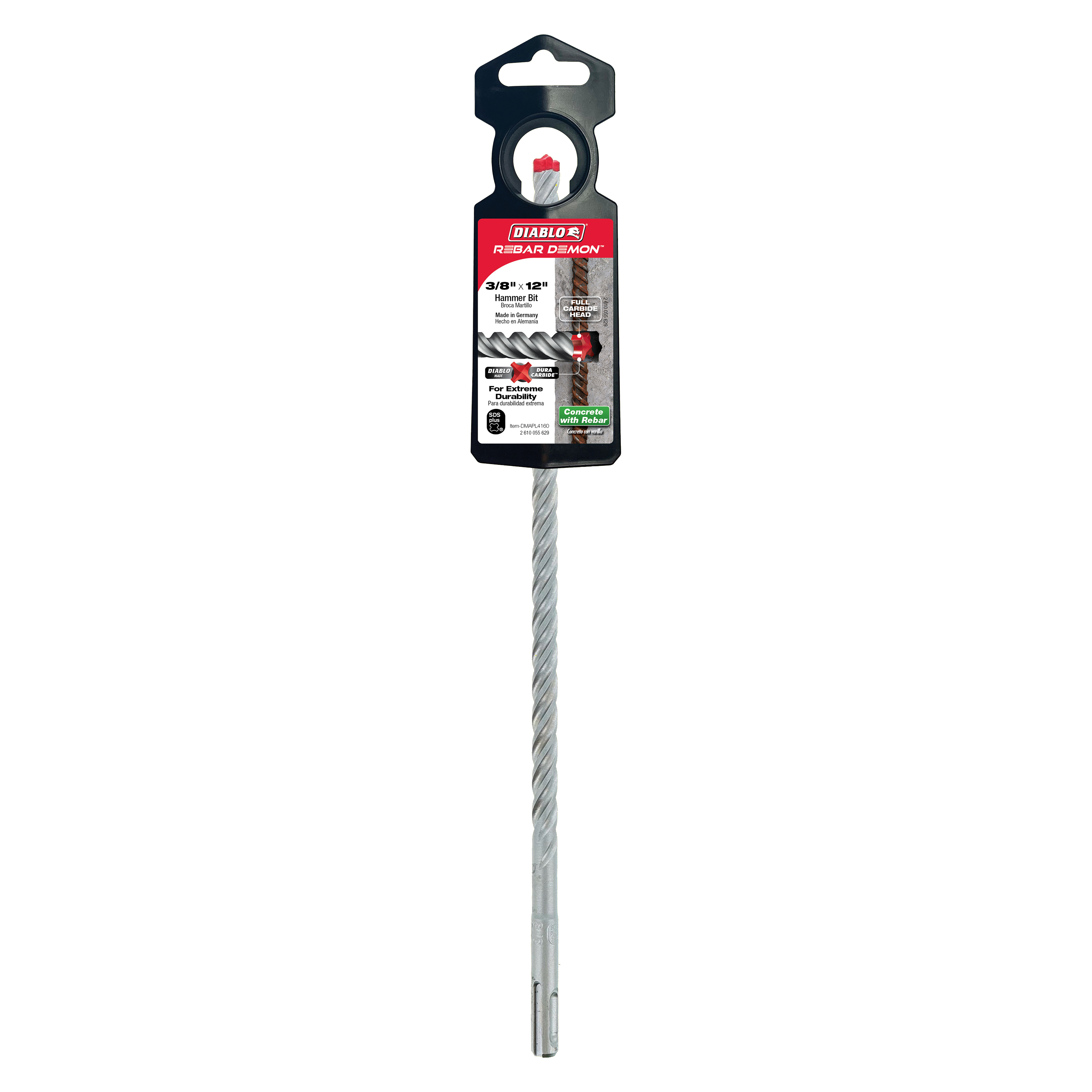 Diablo DMAPL4160 3/8" x 10" x 12" Rebar Demon™ SDS-Plus 4-Cutter Full Carbide Head Hammer Drill Bit
