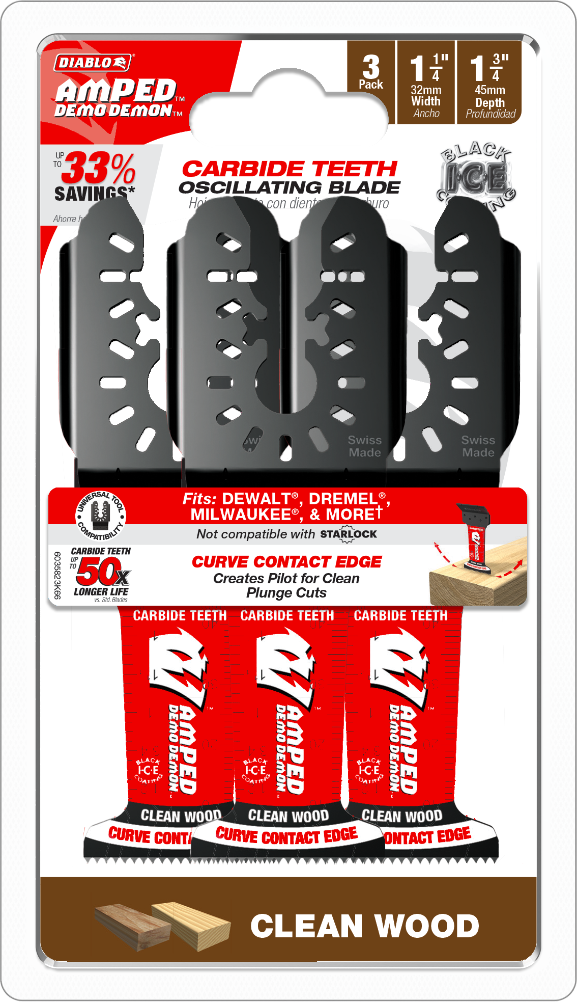Diablo DOU125JCW3 1-1/4”(w) x 1-3/4”(d) AMPED™ Demo Demon™ Universal Fit Carbide Teeth Oscillating Blade for Clean Wood (3-pk)