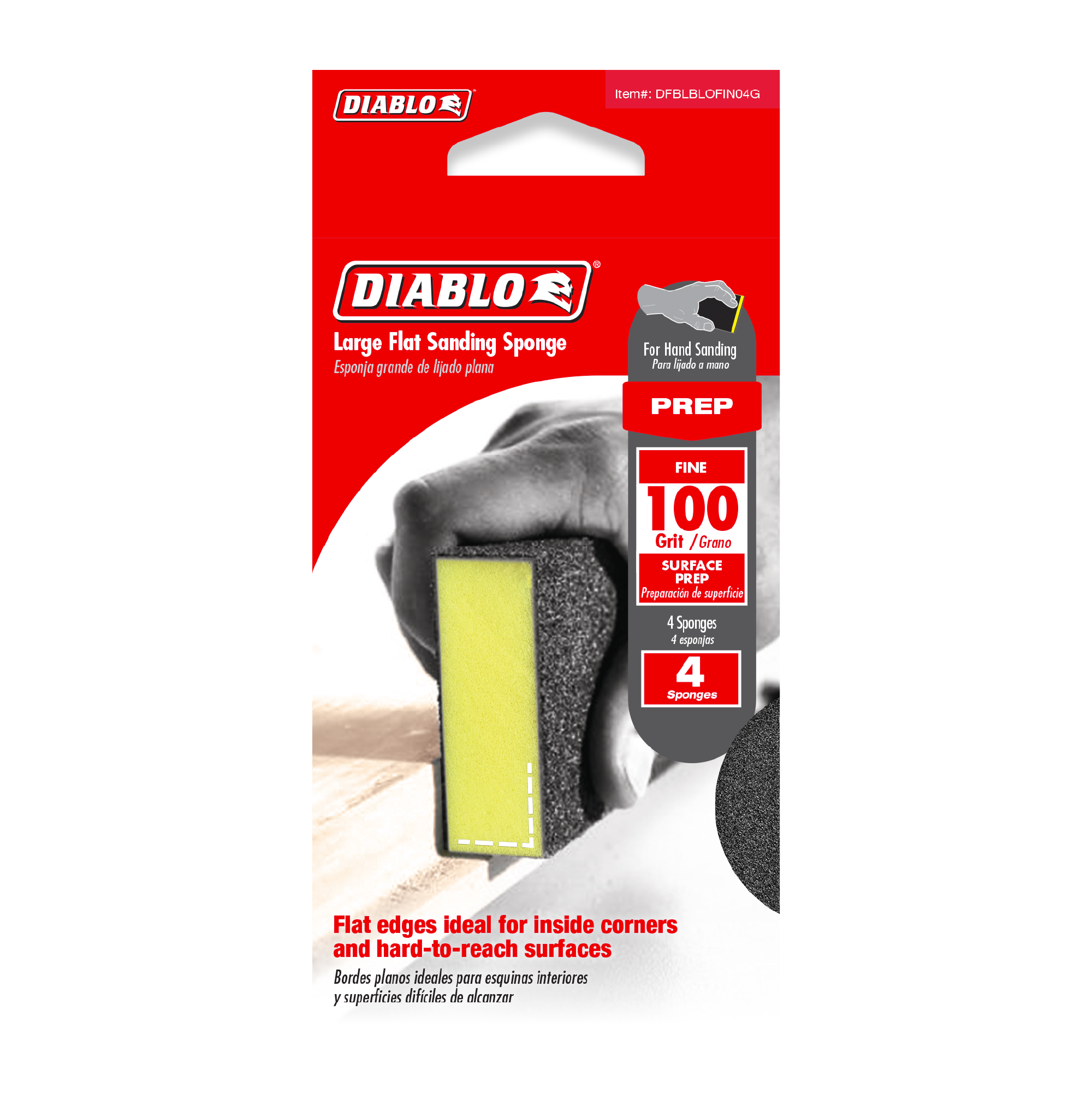 Diablo DFBLBLOFIN04G 5" x 3" x 1" 100-Grit Large Flat Edge Sanding Sponges (4-Pack)