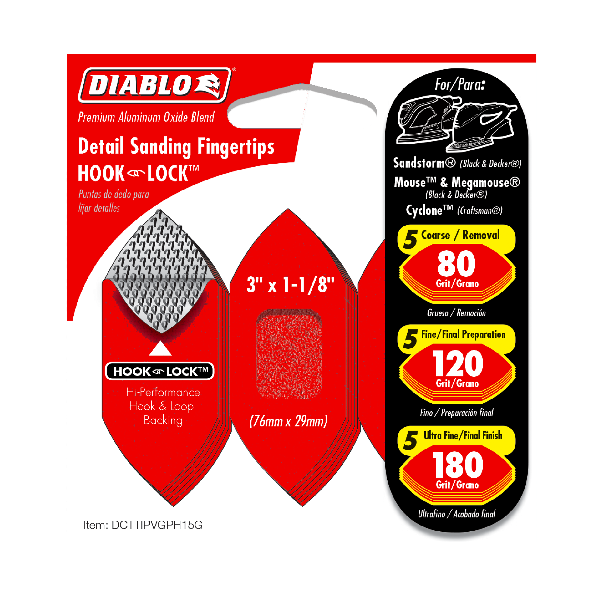 Diablo DCTTIPVGPH15G 3"x 1-1/8" Assorted Hook & Lock™ Fingertip Detail Sanding Sheets (15-Pack)