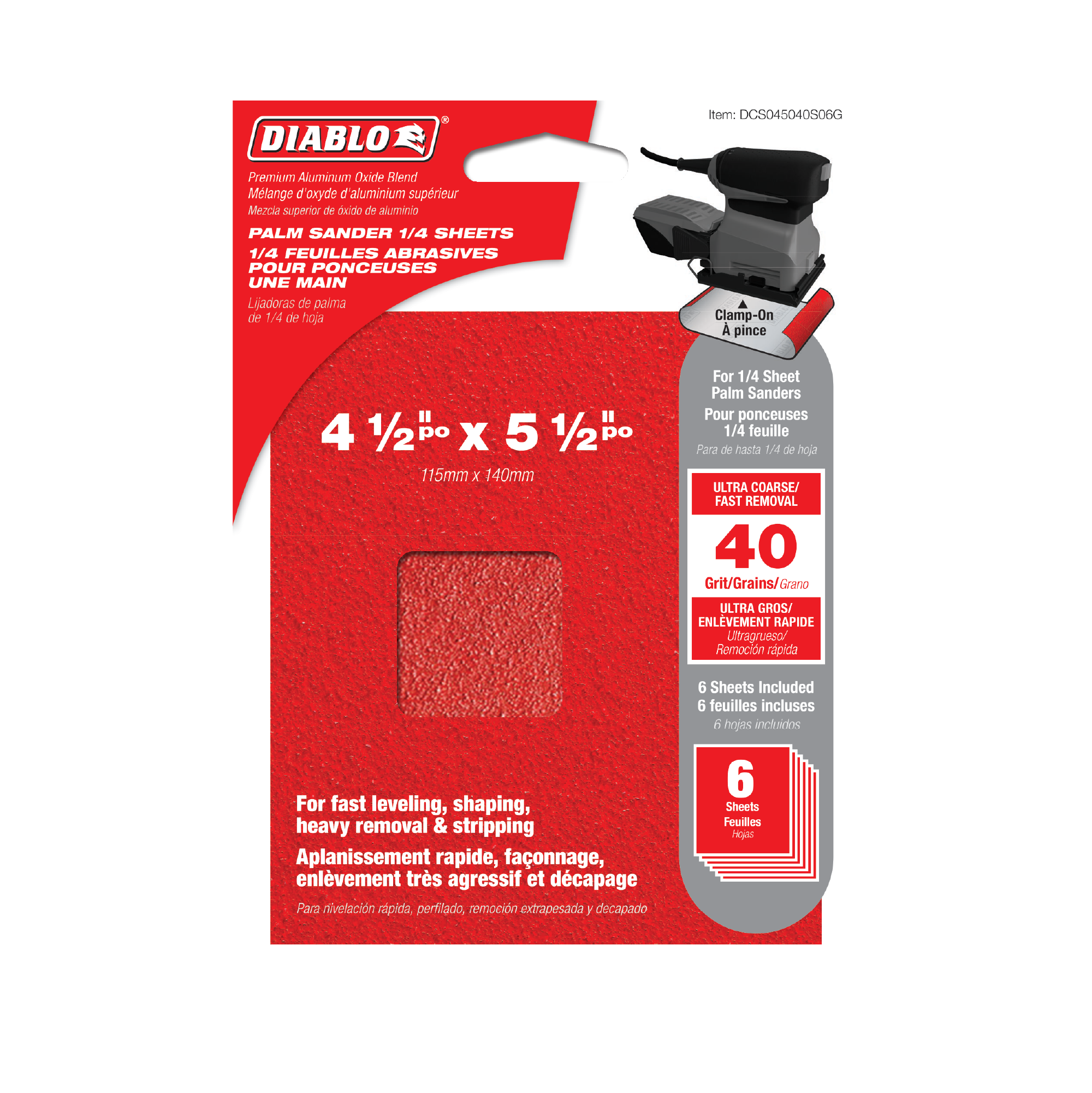 Diablo DCS045040S06G 4-1/2" x 5-1/2" 40-Grit Palm Sander 1/4 Sanding Sheets (6-Pack)