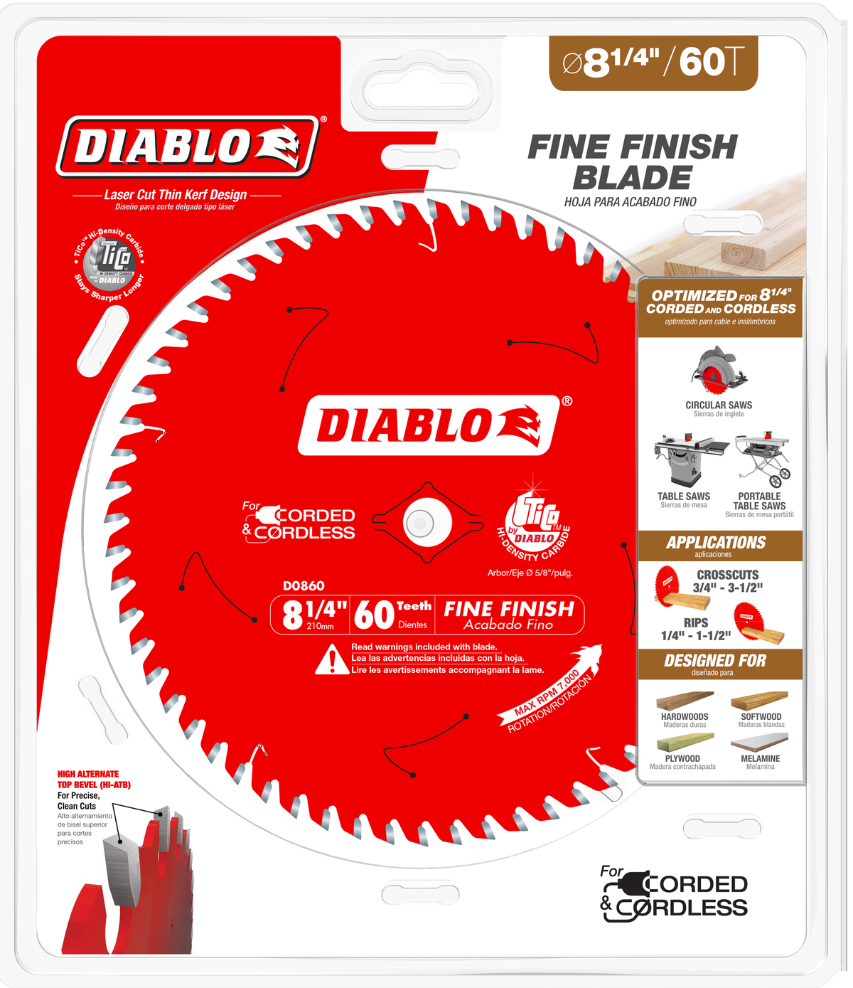 Diablo D0860X 8-1/4" x 60-Teeth Fine Finish Saw Blade for Wood