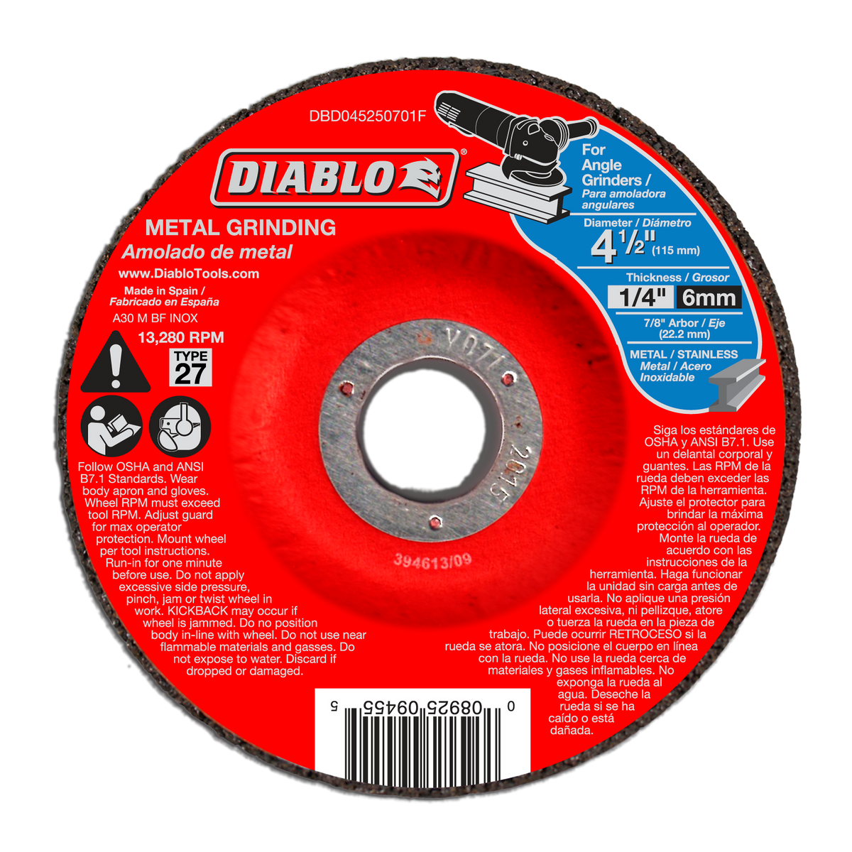 Diablo DBD045250701F 4-1/2" Metal Grinding Disc - Type 27