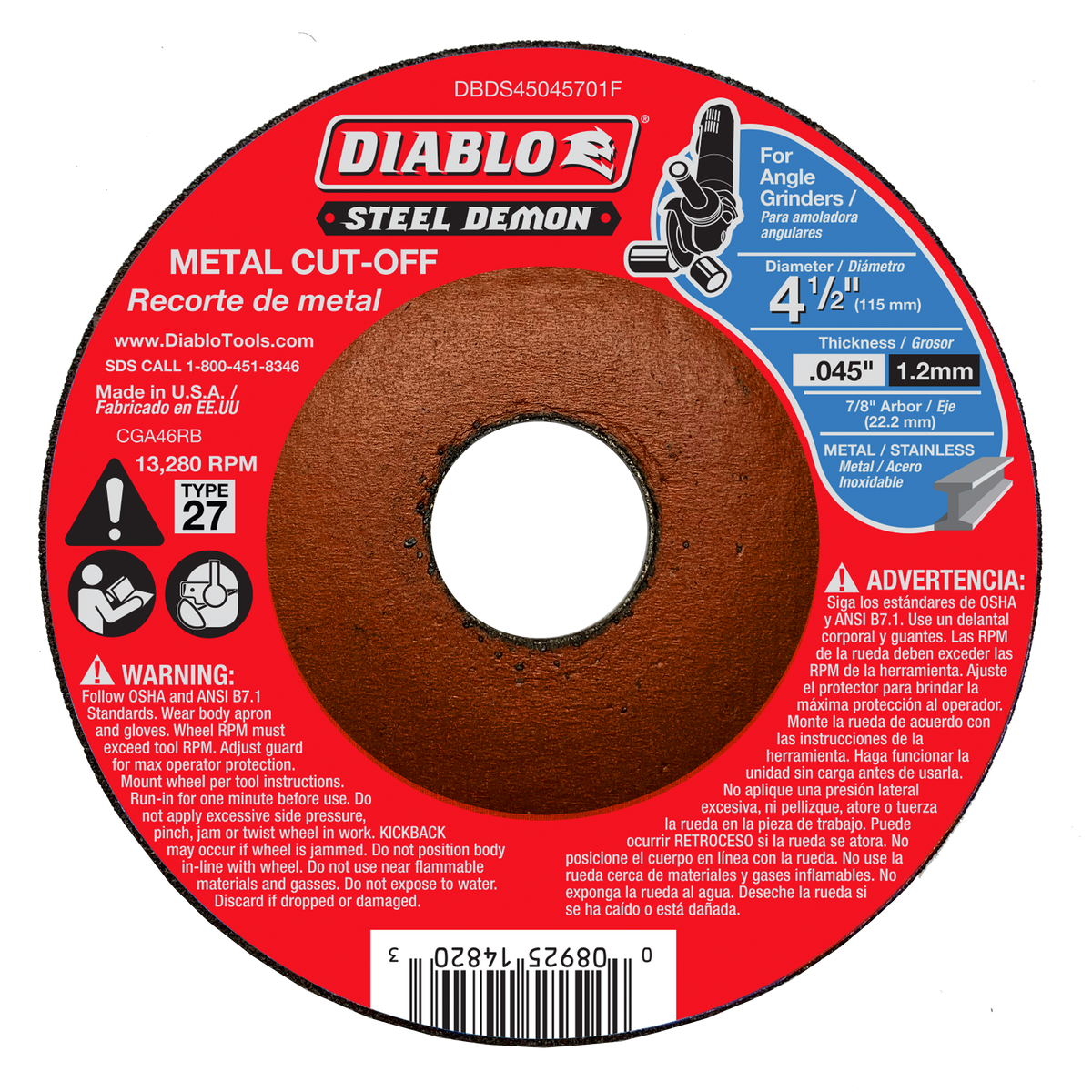 Diablo DBDS45045701F 4-1/2" Type 27 Steel Demon™ Metal Cut-Off Disc