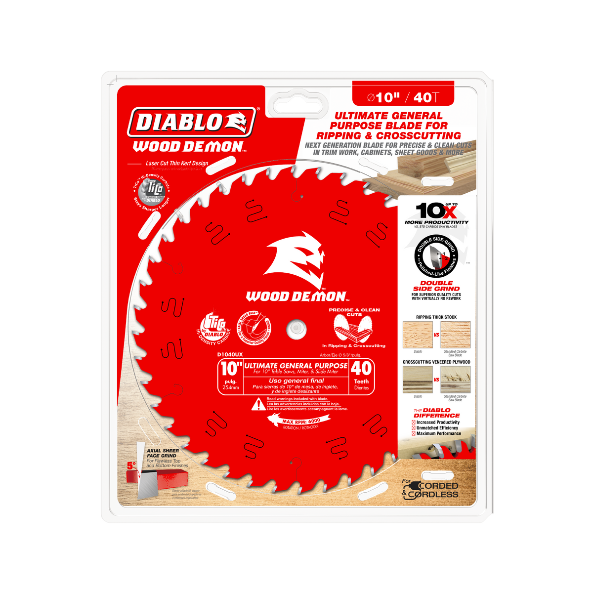 Diablo D1040UX 10" x 40-Teeth Wood Demon™ Ultimate General Purpose Carbide Saw Blade for Wood