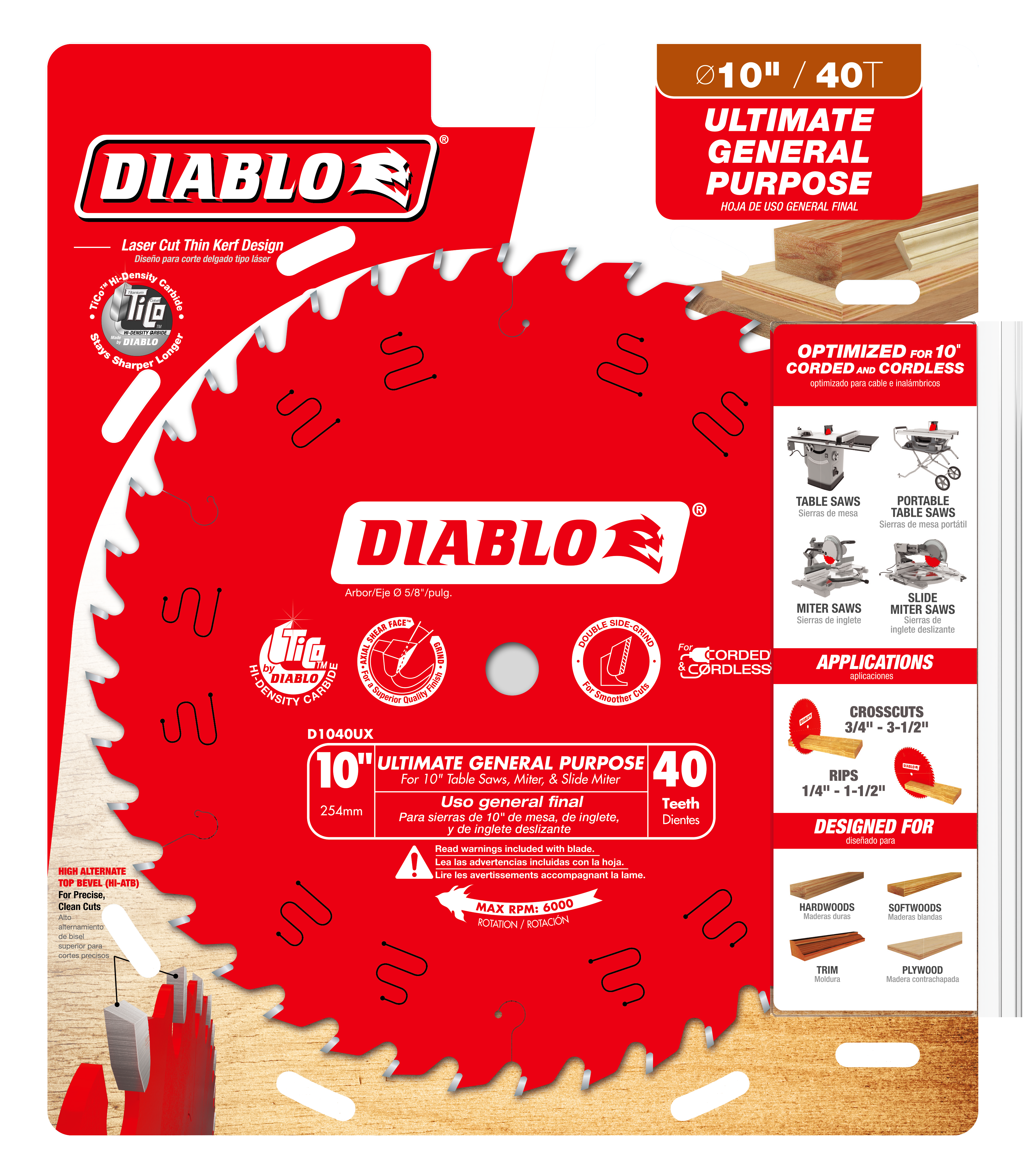 Diablo D1040UX 10" x 40-Teeth Wood Demon™ Ultimate General Purpose Carbide Saw Blade for Wood