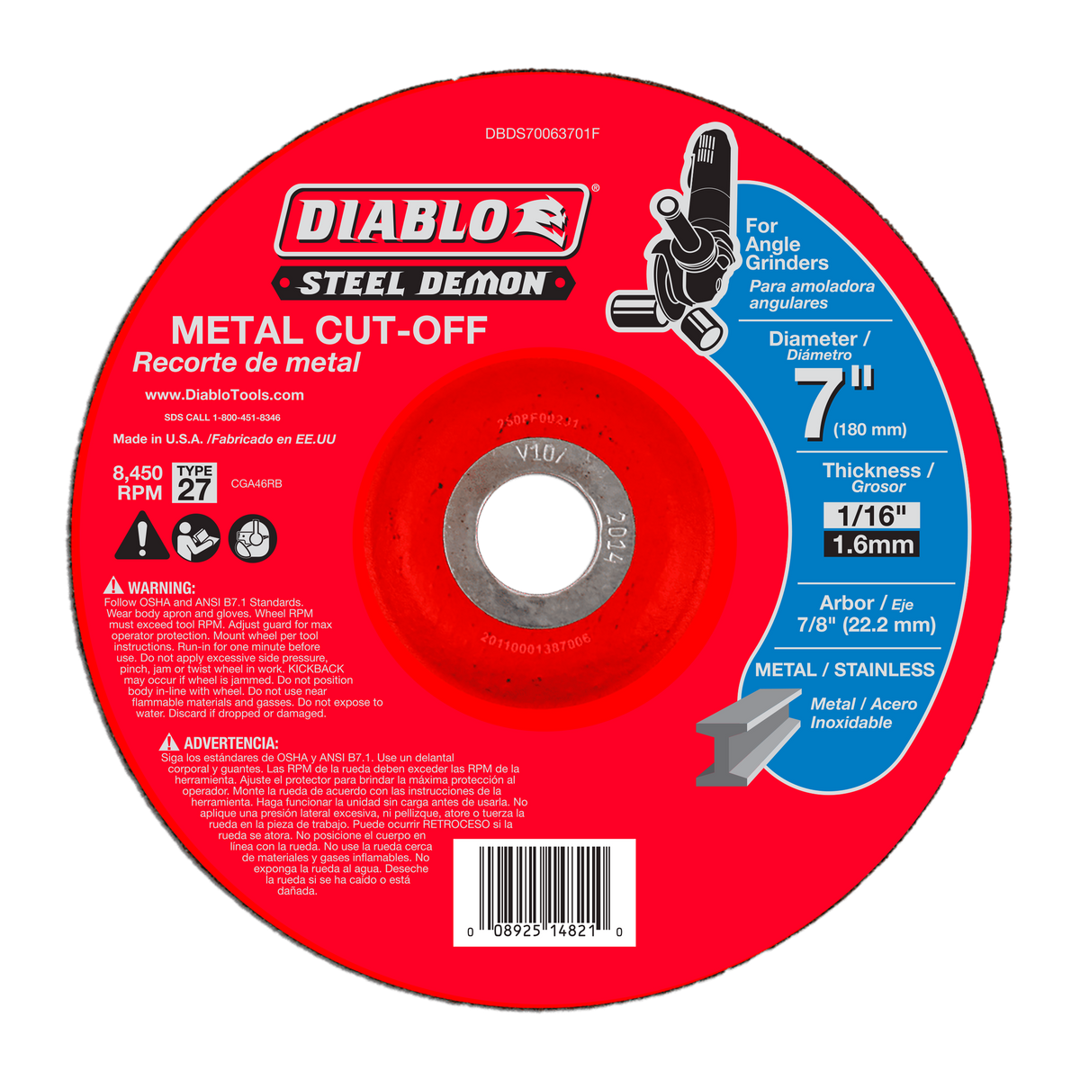 Diablo DBDS70063701F 7" Type 27 Speed Demon™ Metal Cut-Off Disc