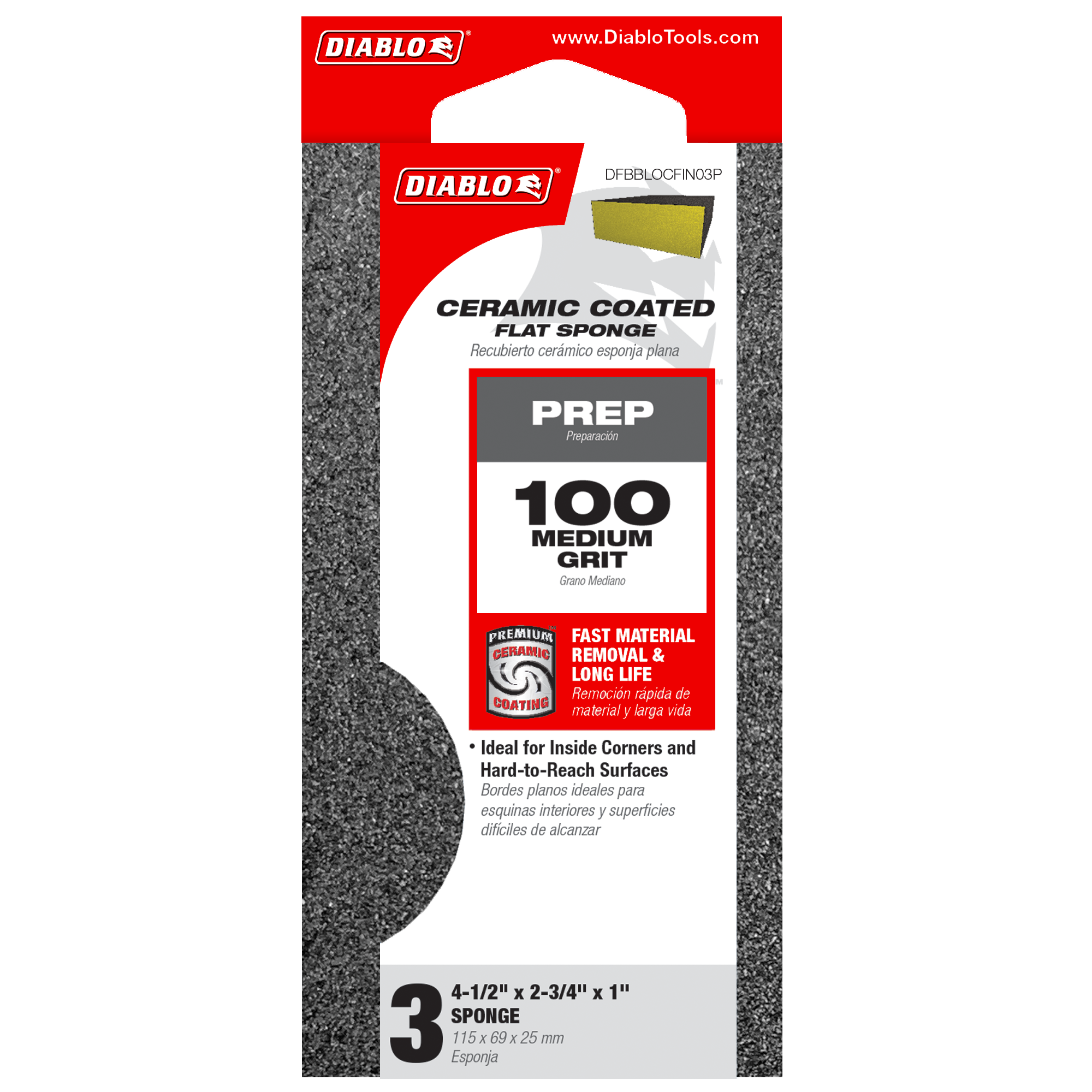 Diablo DFBBLOCFIN03G 4" x 2-1/2" x 1" 100-Grit Flat Edge Sanding Sponges (3-Piece)