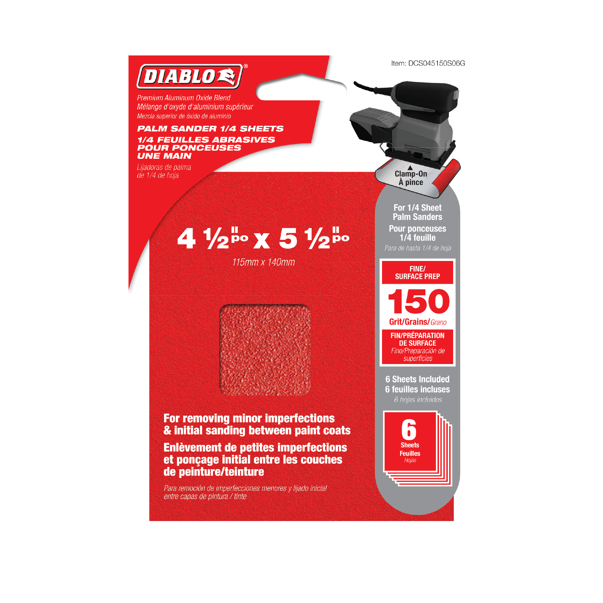 Diablo DCS045150S06G 4-1/2" x 5-1/2" 150-Grit Palm Sander 1/4 Sanding Sheets (6-Pack)