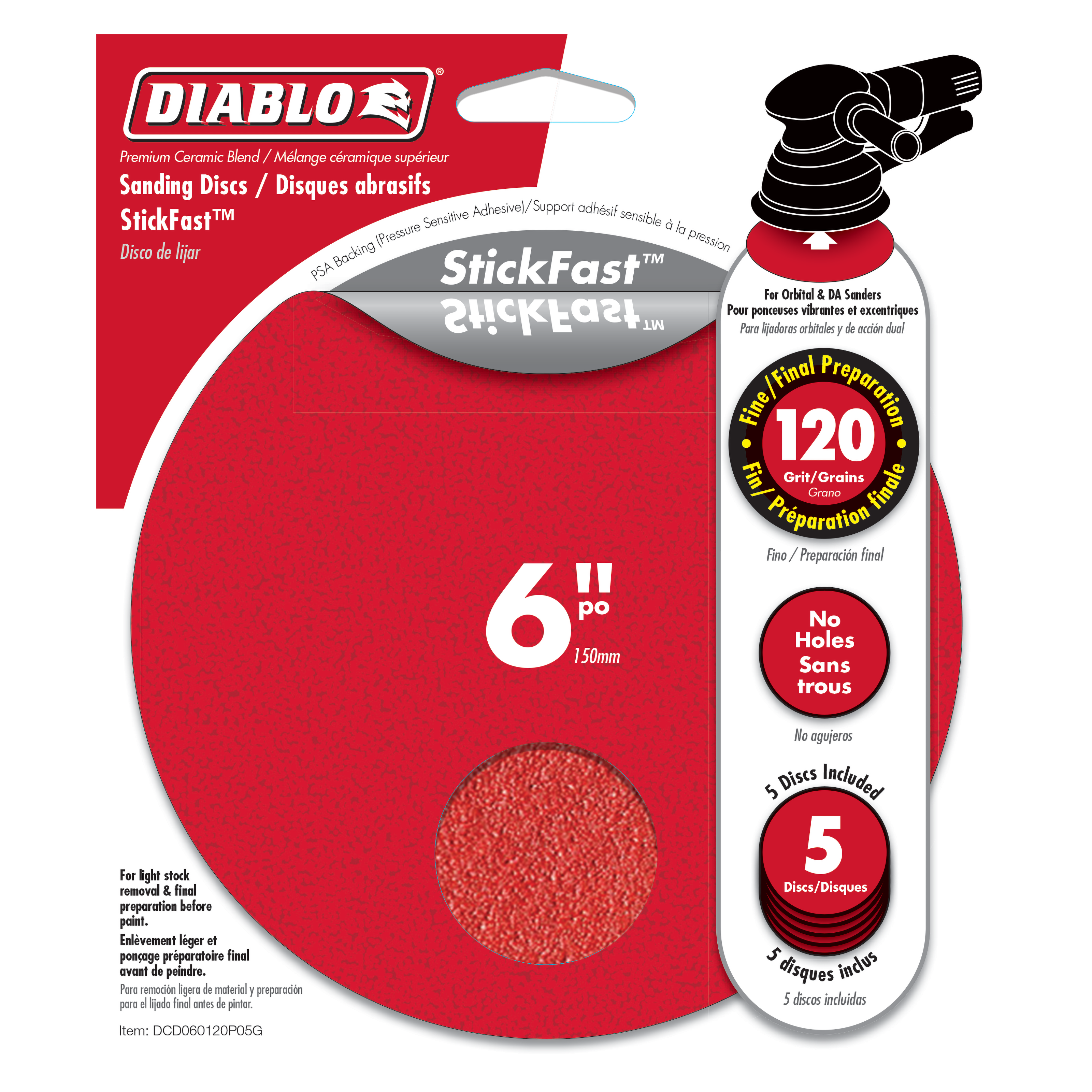 Diablo DCD060120P05G 6" 120-Grit StickFast™ ROS Sanding Discs (5-Pack)